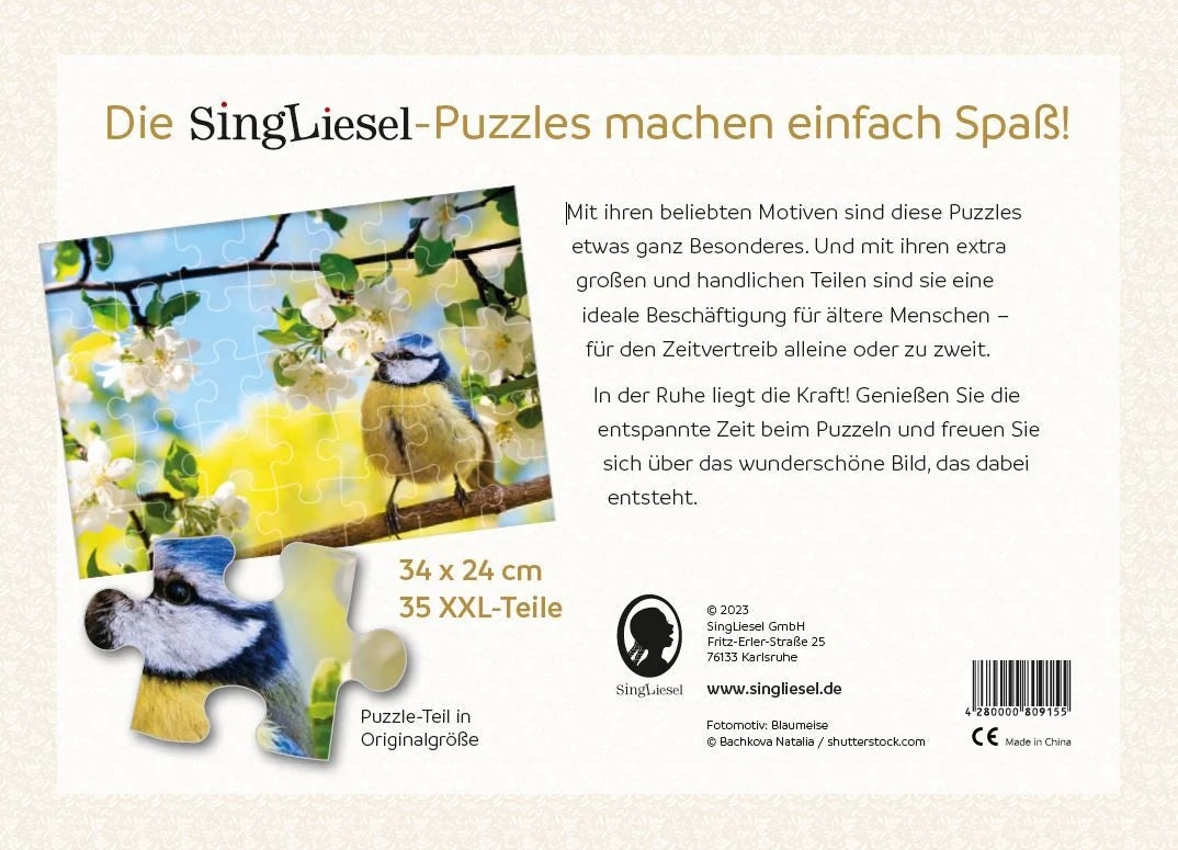 Demenz-Puzzle: Blaumeise im Frühling. Das Demenz-Puzzle-Spiel mit 35 Puzzle-Teilen im XXL-Format. – Ansicht