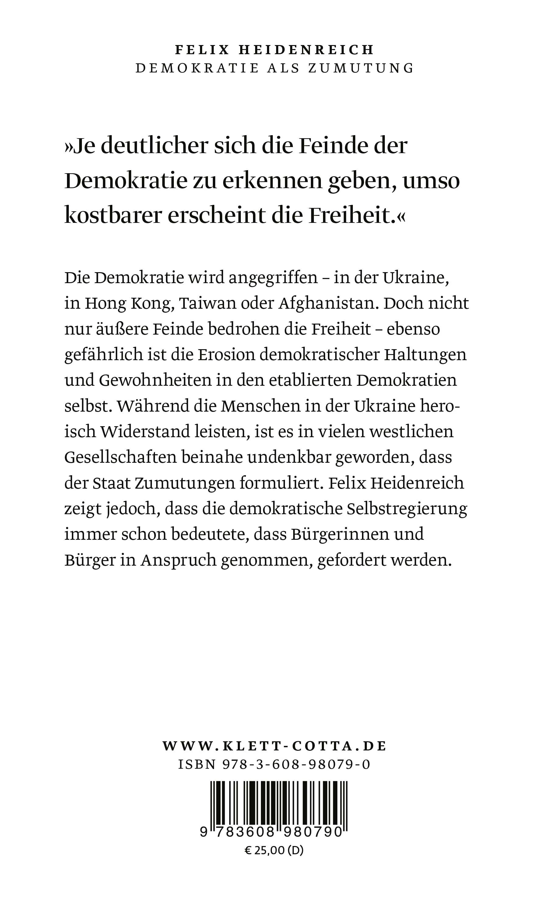 Buchrückseite von 'Demokratie als Zumutung' mit Klappentext - Gebundene Ausgabe