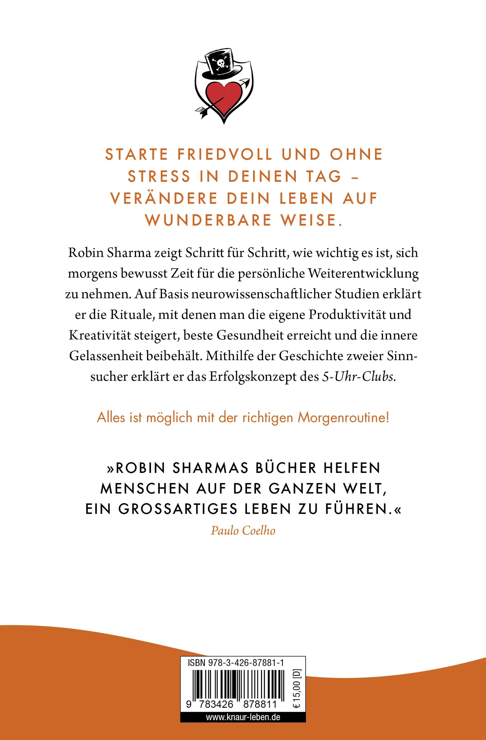 Buchrückseite von 'Der 5-Uhr-Club' mit Klappentext - Taschenbuch