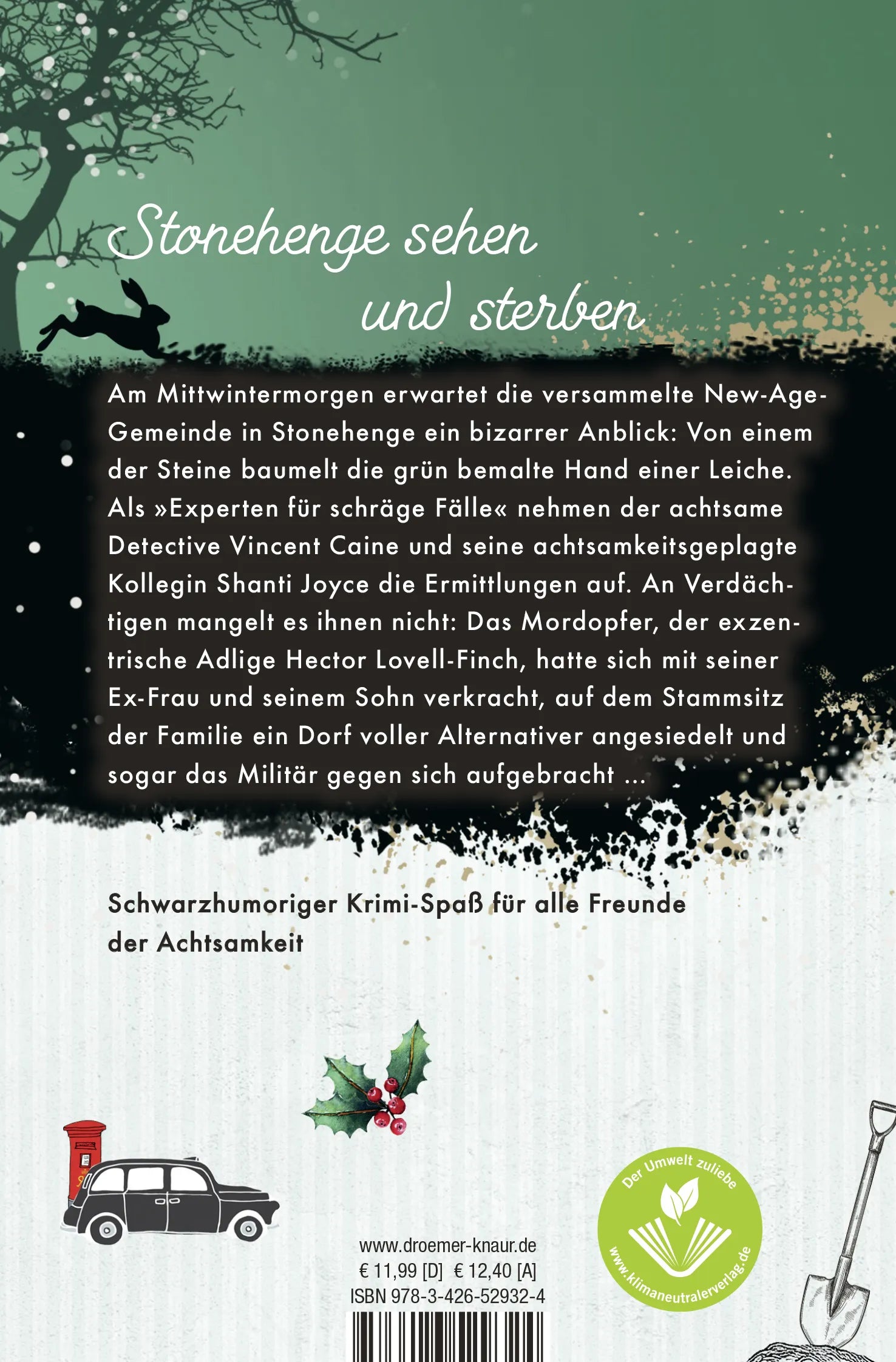Buchrückseite von 'Der achtsame Mr. Caine und der Mittwinter-Mord' mit Klappentext - Taschenbuch