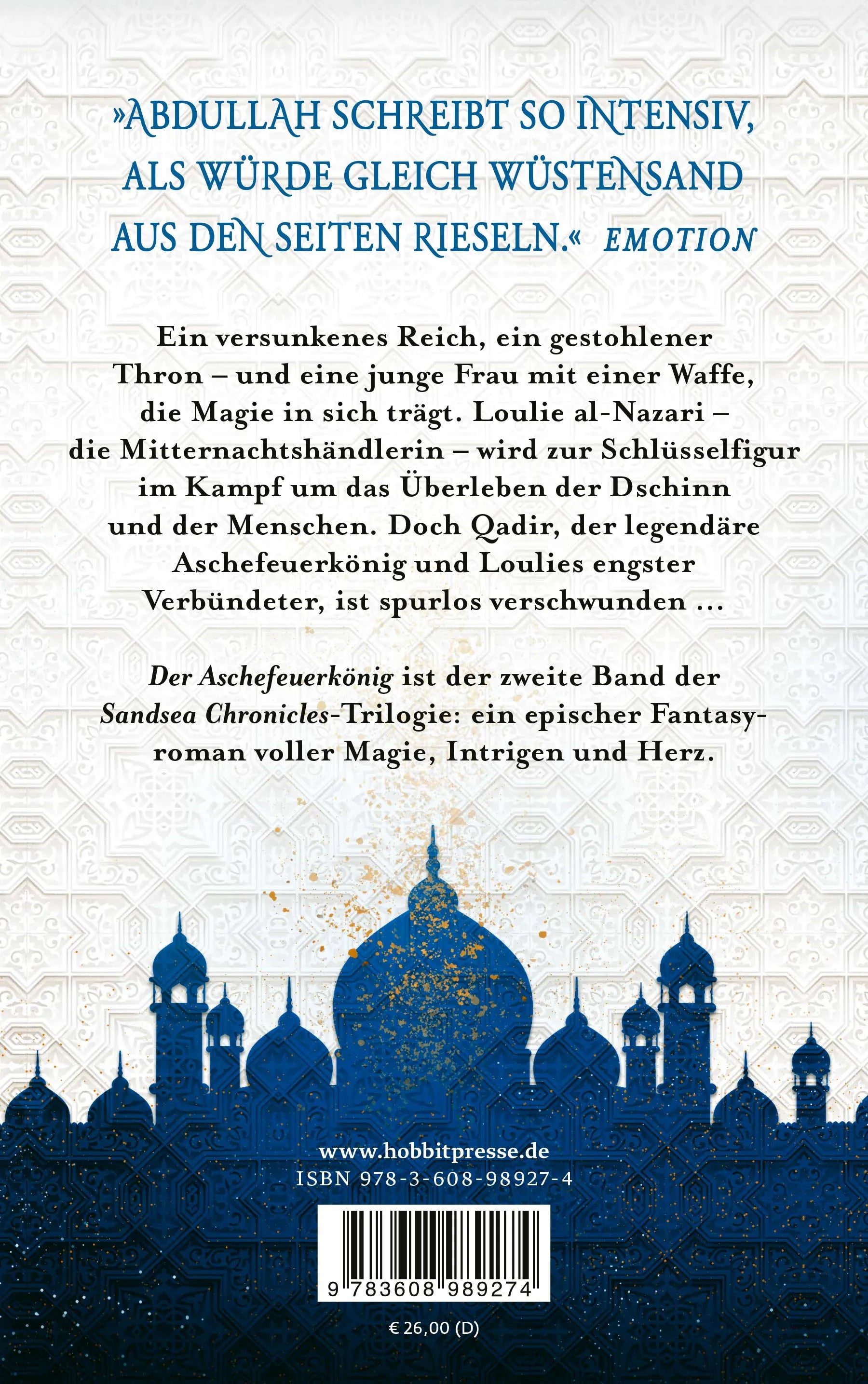 Buchrückseite von 'Der Aschefeuerkönig' mit Klappentext - Gebundene Ausgabe
