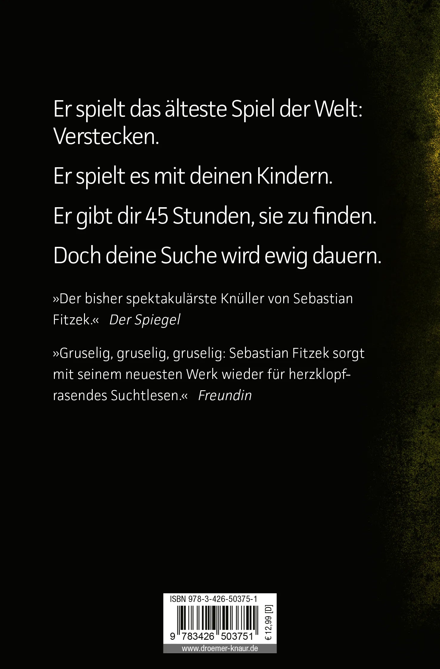 Buchrückseite von 'Der Augensammler' mit Klappentext - Taschenbuch