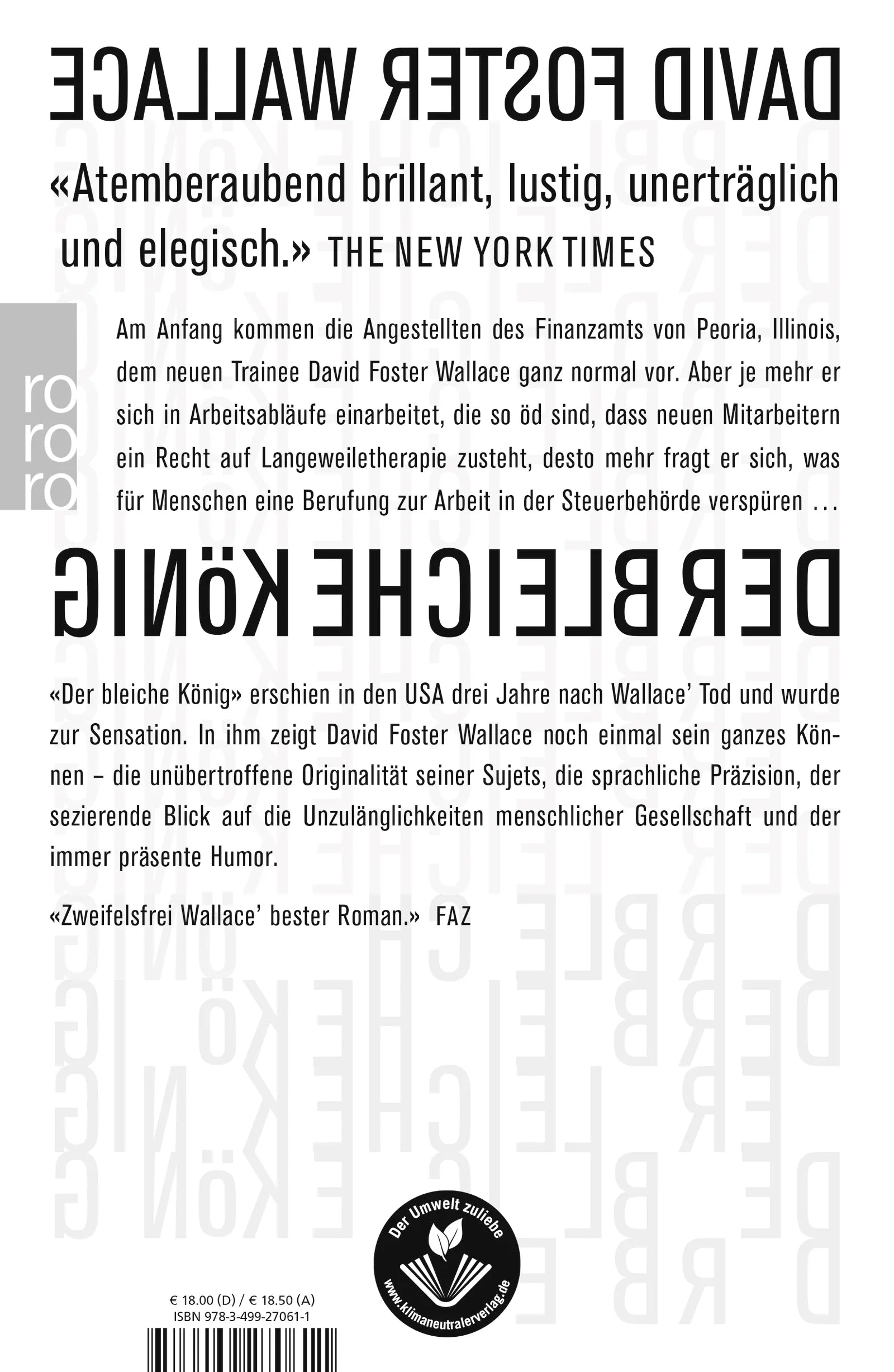 Buchrückseite von 'Der bleiche König' mit Klappentext - Taschenbuch