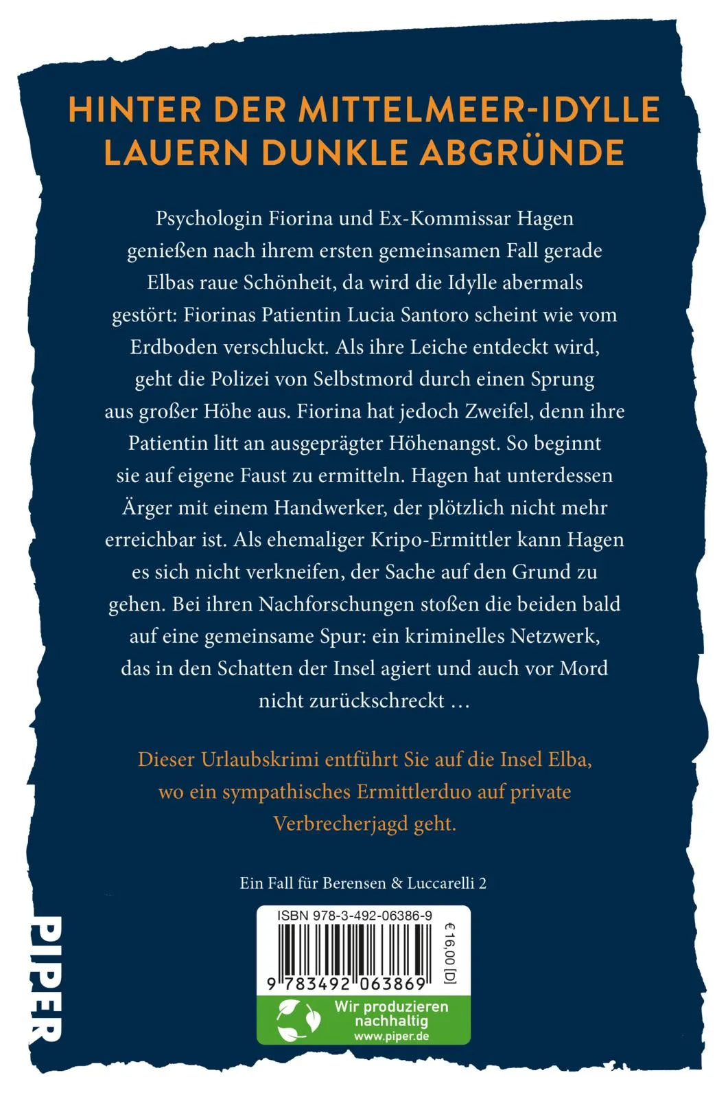 Buchrückseite von 'Der Commissario und die Dottoressa – Nacht über Elba' mit Klappentext - Paperback