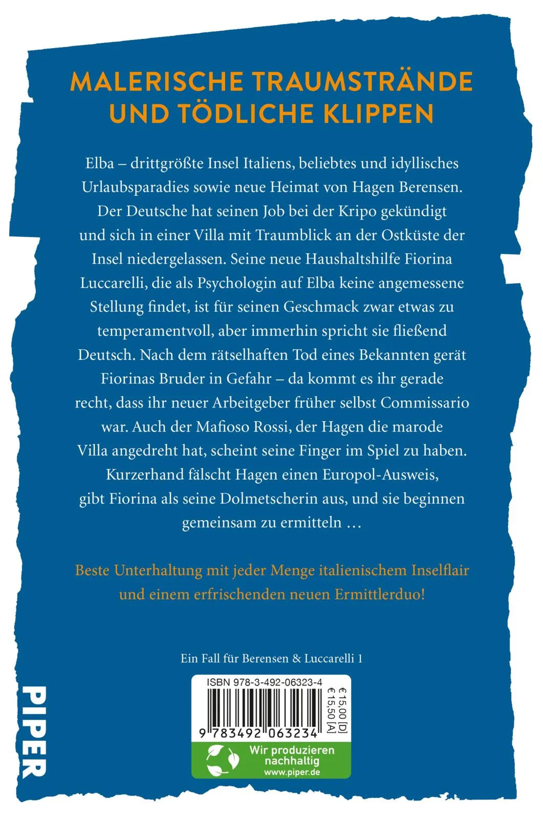 Buchrückseite von 'Der Commissario und die Dottoressa – Sturm über Elba' mit Klappentext - Paperback