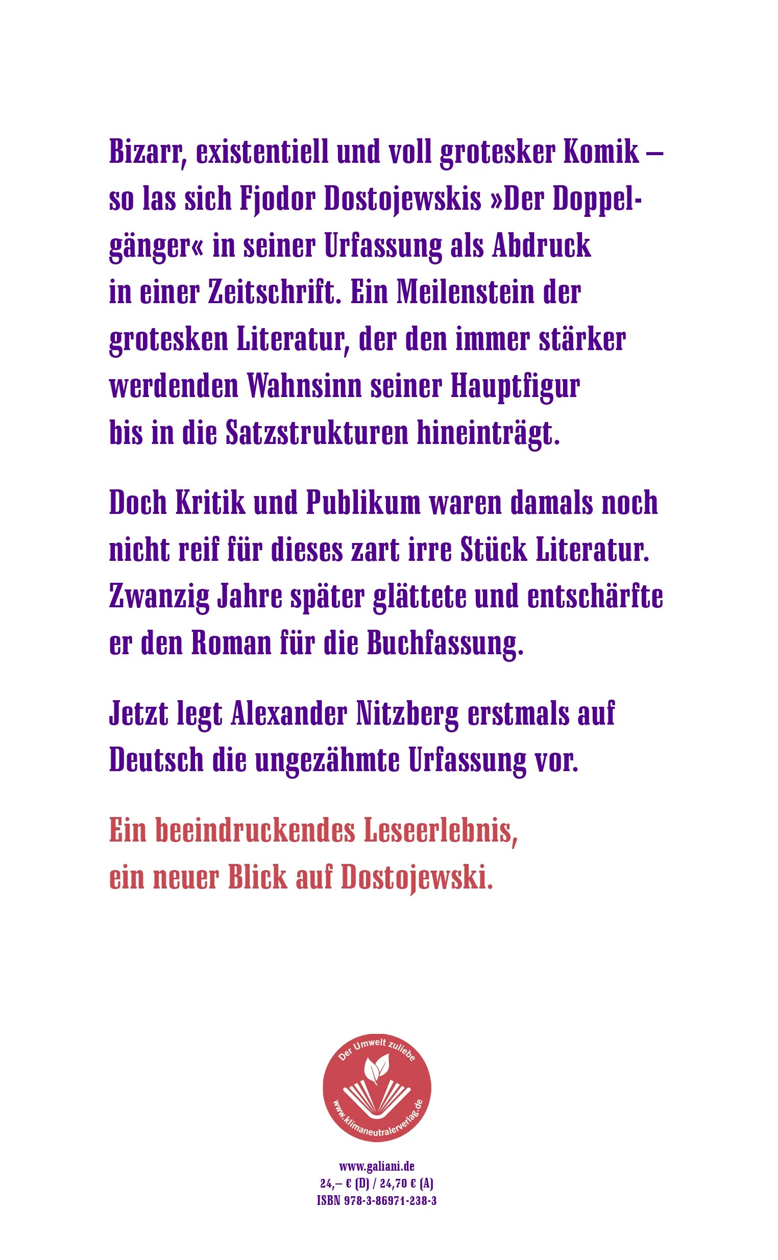 Buchrückseite von 'Der Doppelgänger' mit Klappentext - Gebundene Ausgabe