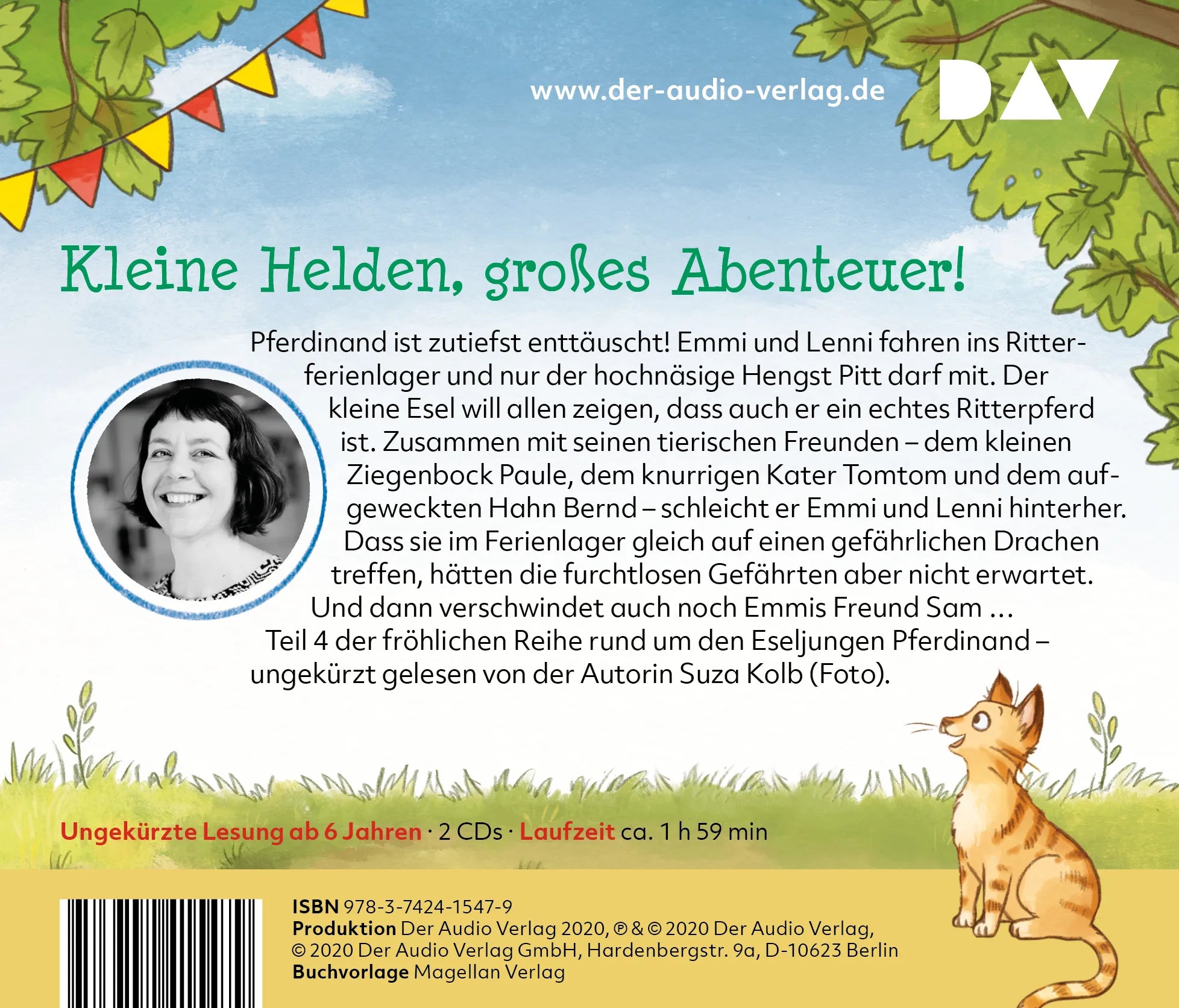 Buchrückseite von 'Der Esel Pferdinand – Teil 4: Ritterpferd mit Eselsohren' mit Klappentext - Hörbuch (CD)