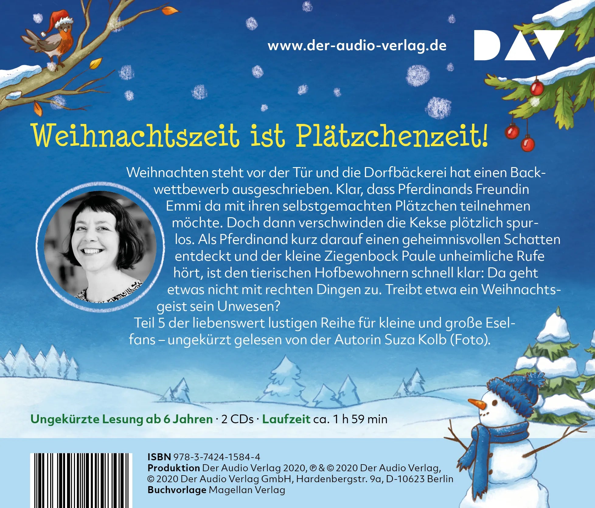 Buchrückseite von 'Der Esel Pferdinand – Teil 5: Ein Esel unterm Weihnachtsbaum' mit Klappentext - Hörbuch (CD)