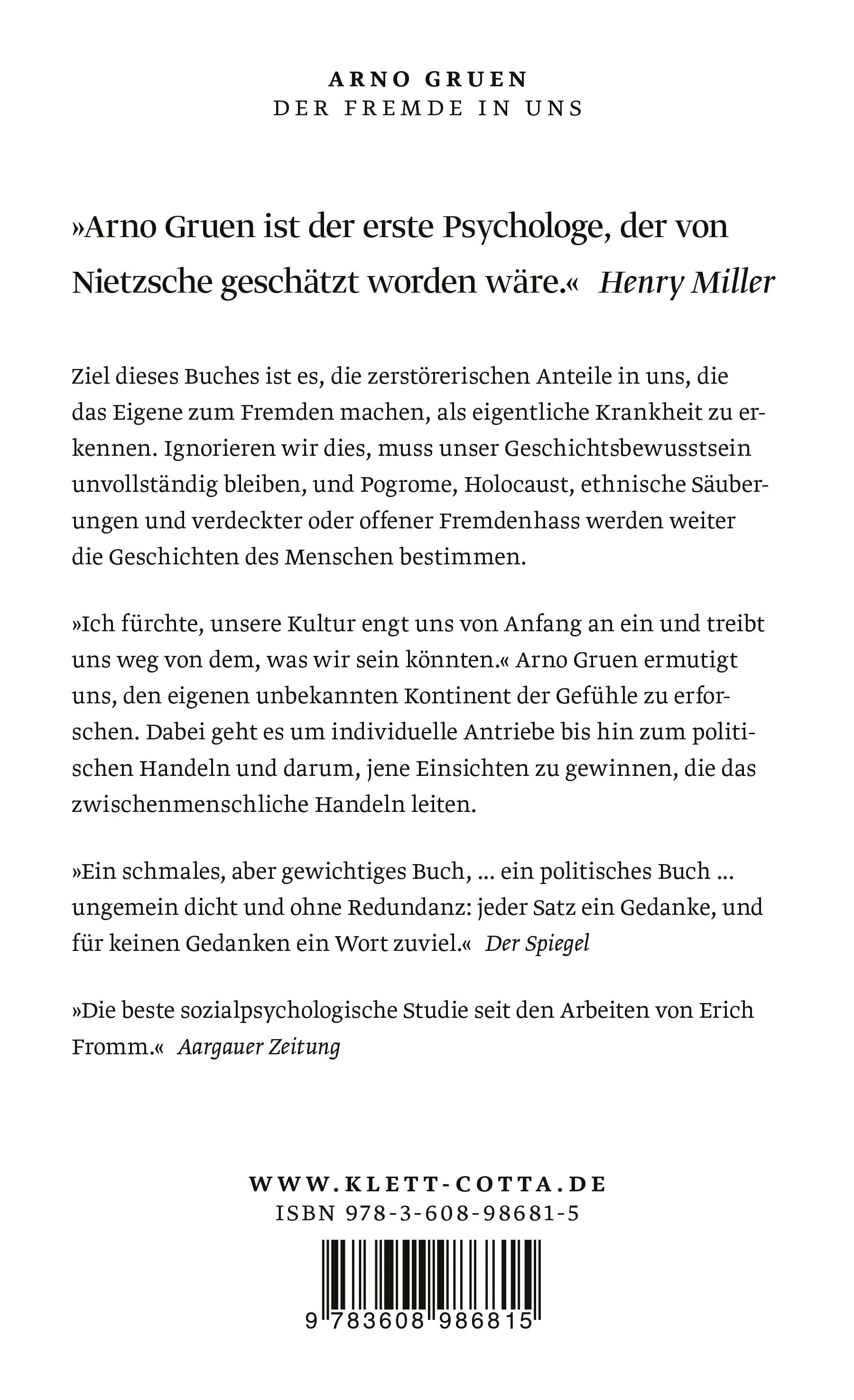 Buchrückseite von 'Der Fremde in uns' mit Klappentext - Paperback
