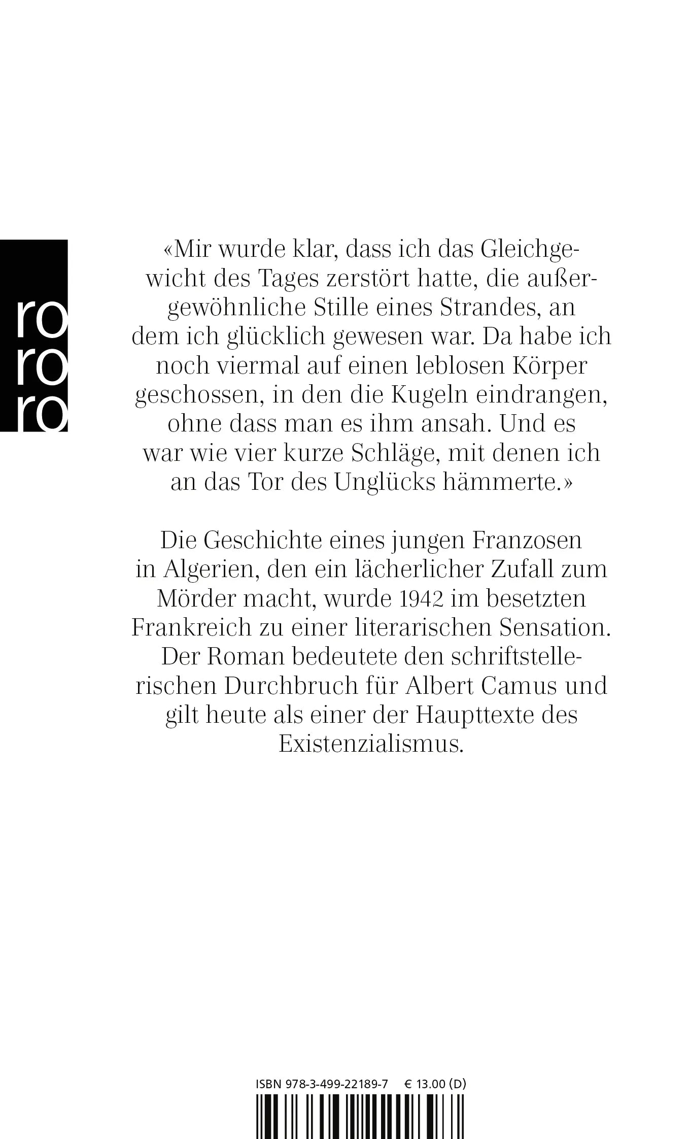 Buchrückseite von 'Der Fremde' mit Klappentext - Taschenbuch