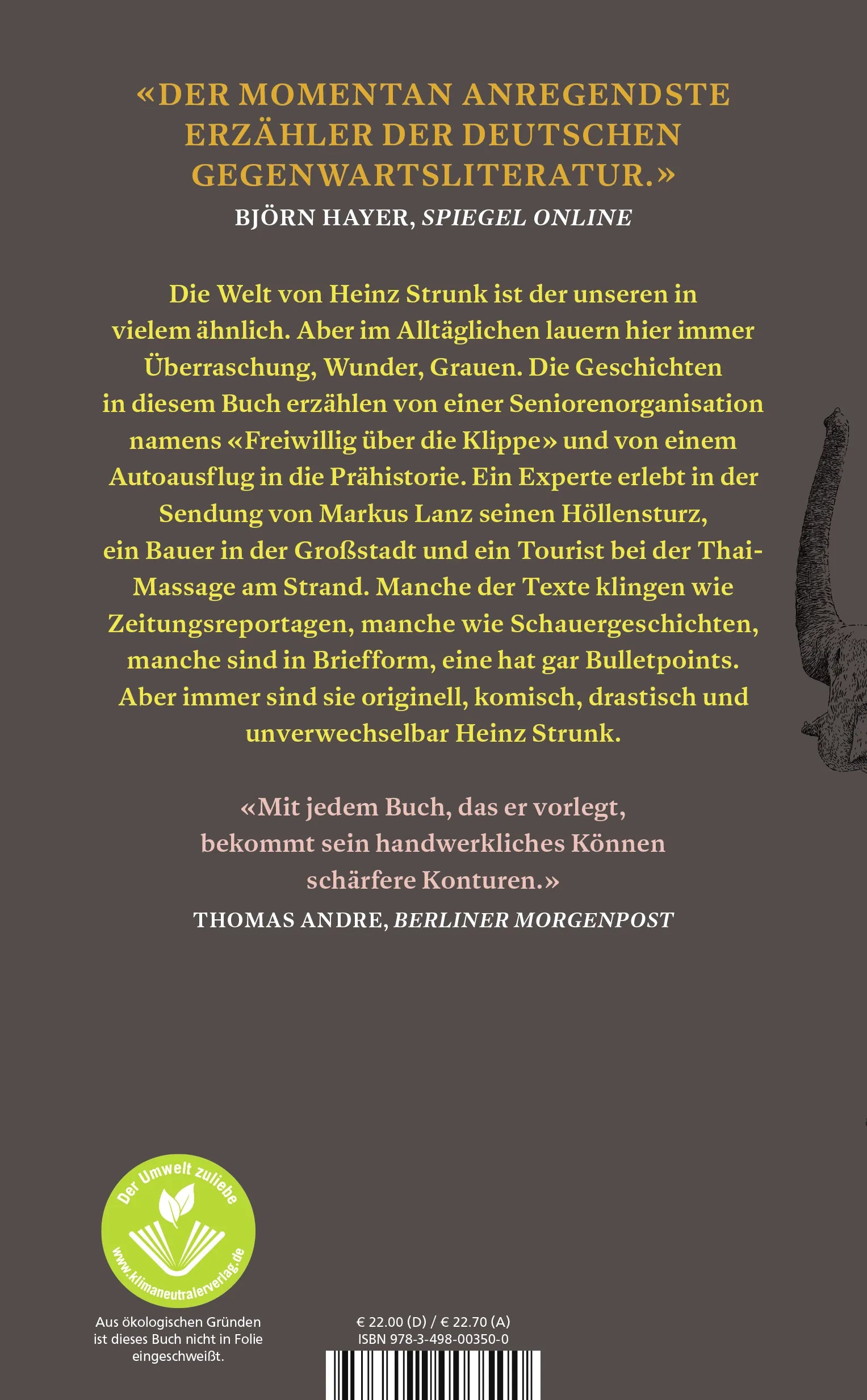 Buchrückseite von 'Der gelbe Elefant' mit Klappentext - Gebundene Ausgabe