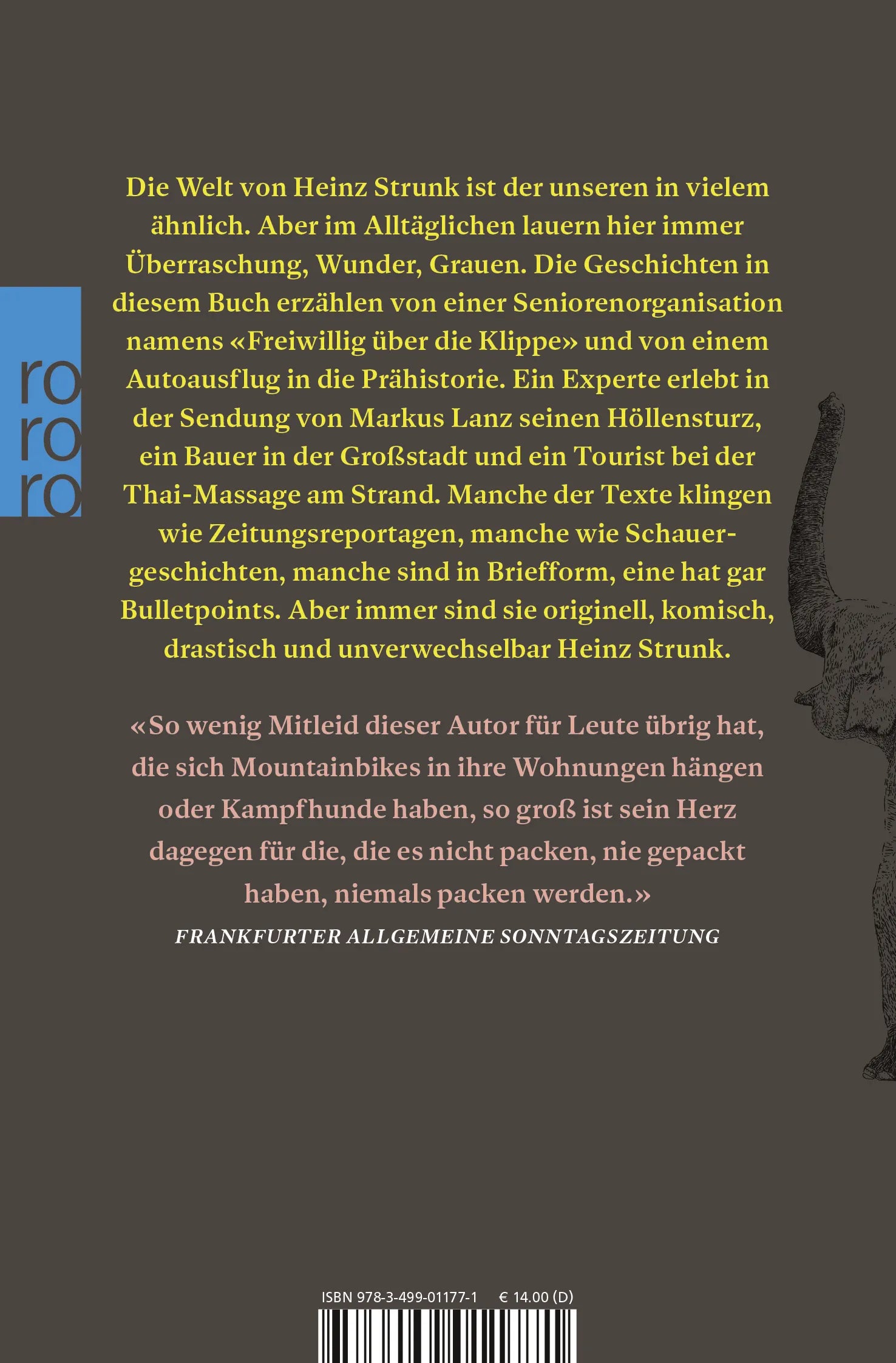 Buchrückseite von 'Der gelbe Elefant' mit Klappentext - Taschenbuch
