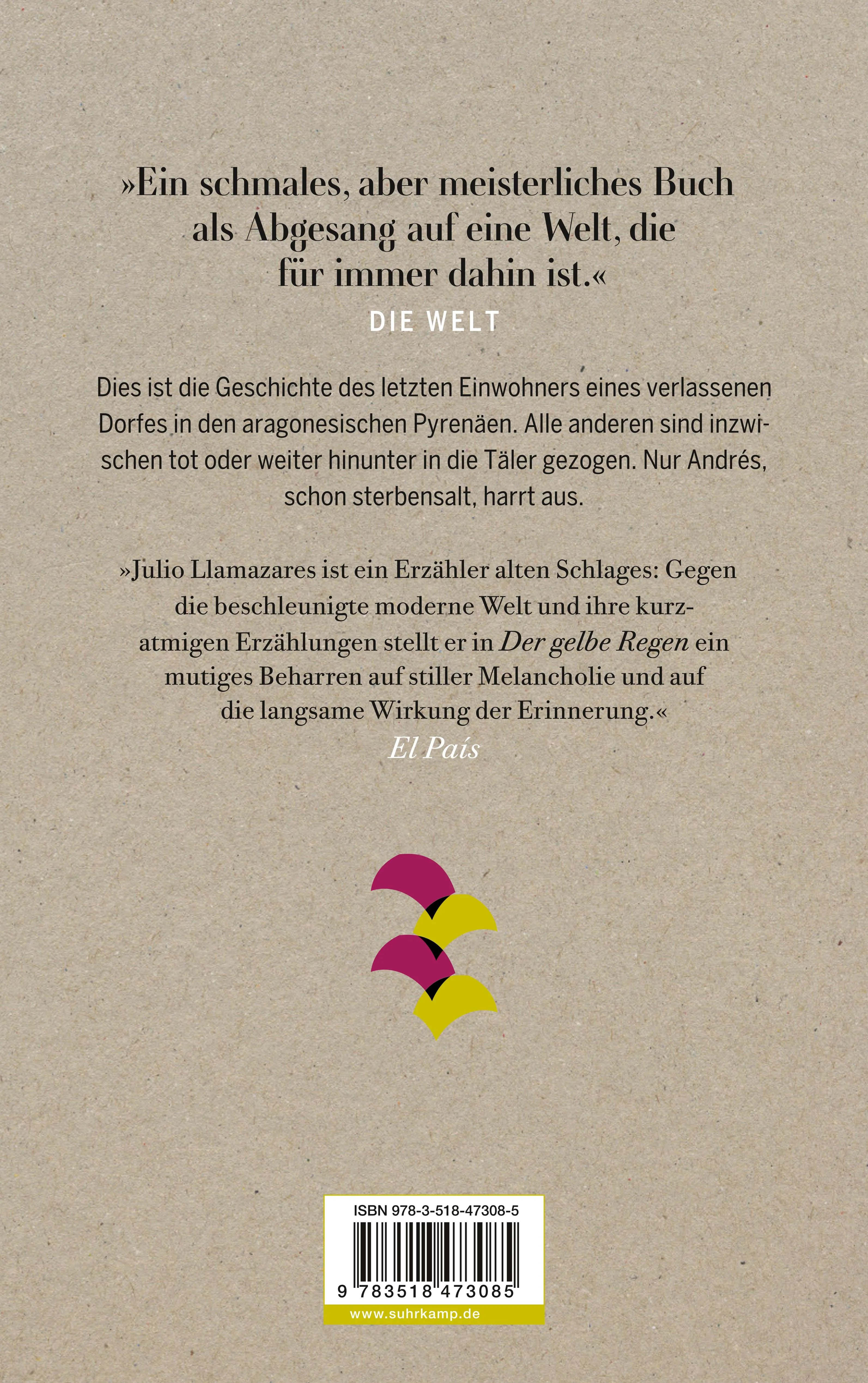 Buchrückseite von 'Der gelbe Regen' mit Klappentext - Taschenbuch