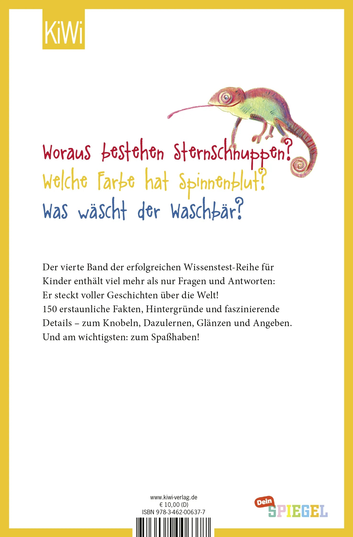 Buchrückseite von 'Der geniale Wissenstest für Kinder' mit Klappentext - Taschenbuch