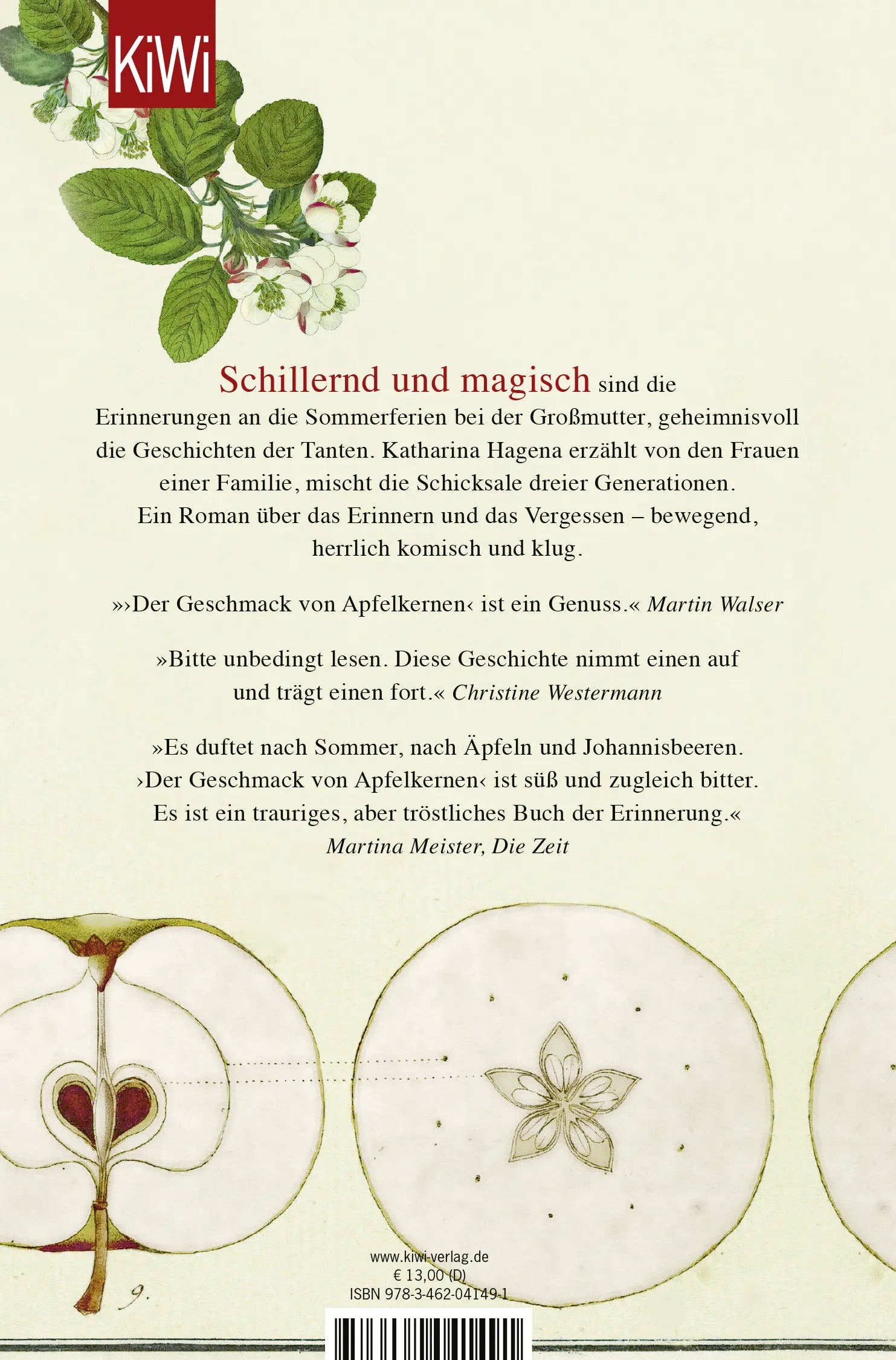 Buchrückseite von 'Der Geschmack von Apfelkernen' mit Klappentext - Taschenbuch