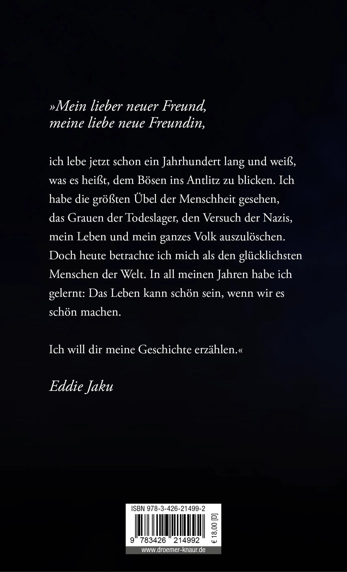 Buchrückseite von 'Der glücklichste Mensch der Welt' mit Klappentext - Gebundene Ausgabe