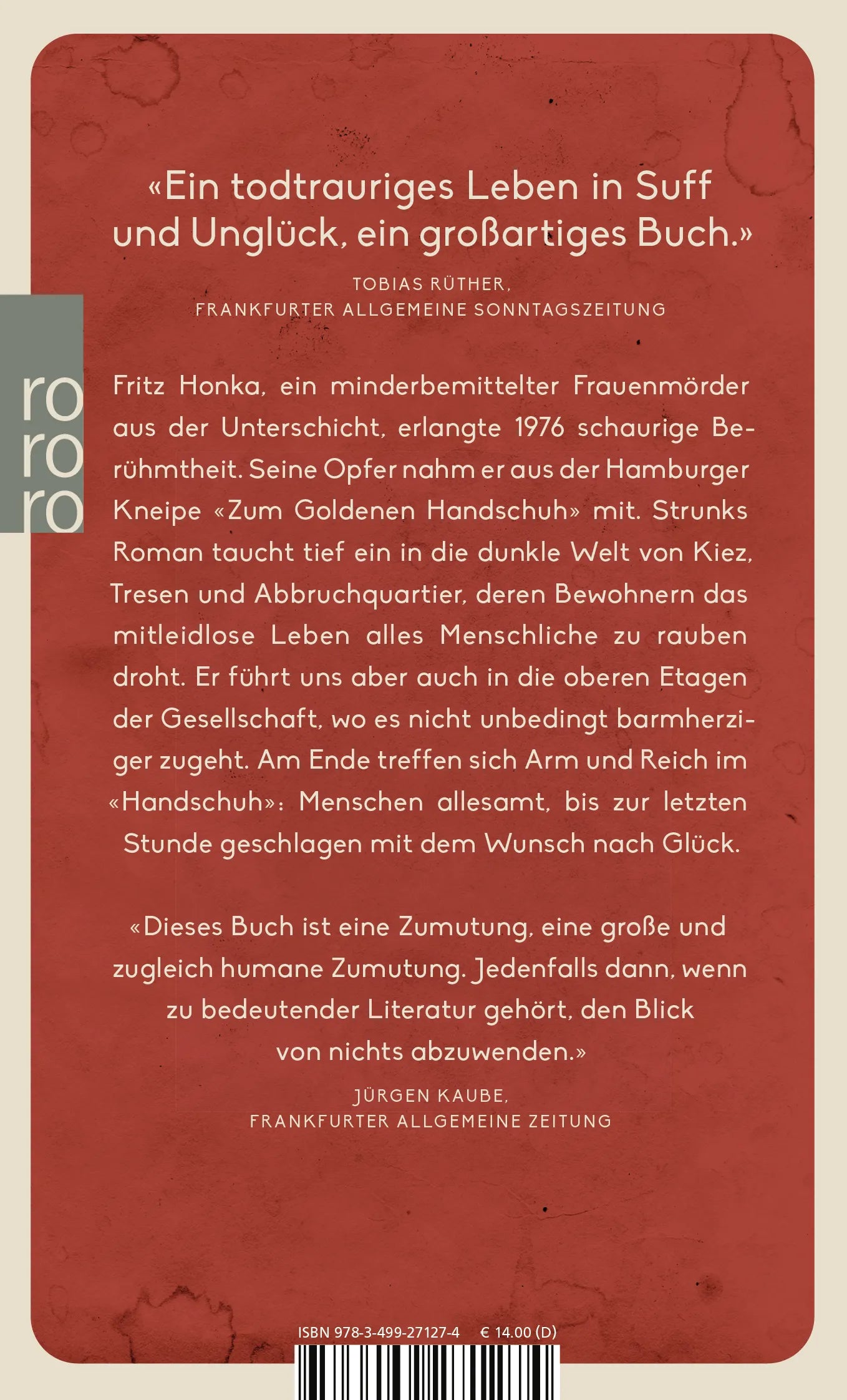 Buchrückseite von 'Der goldene Handschuh' mit Klappentext - Taschenbuch
