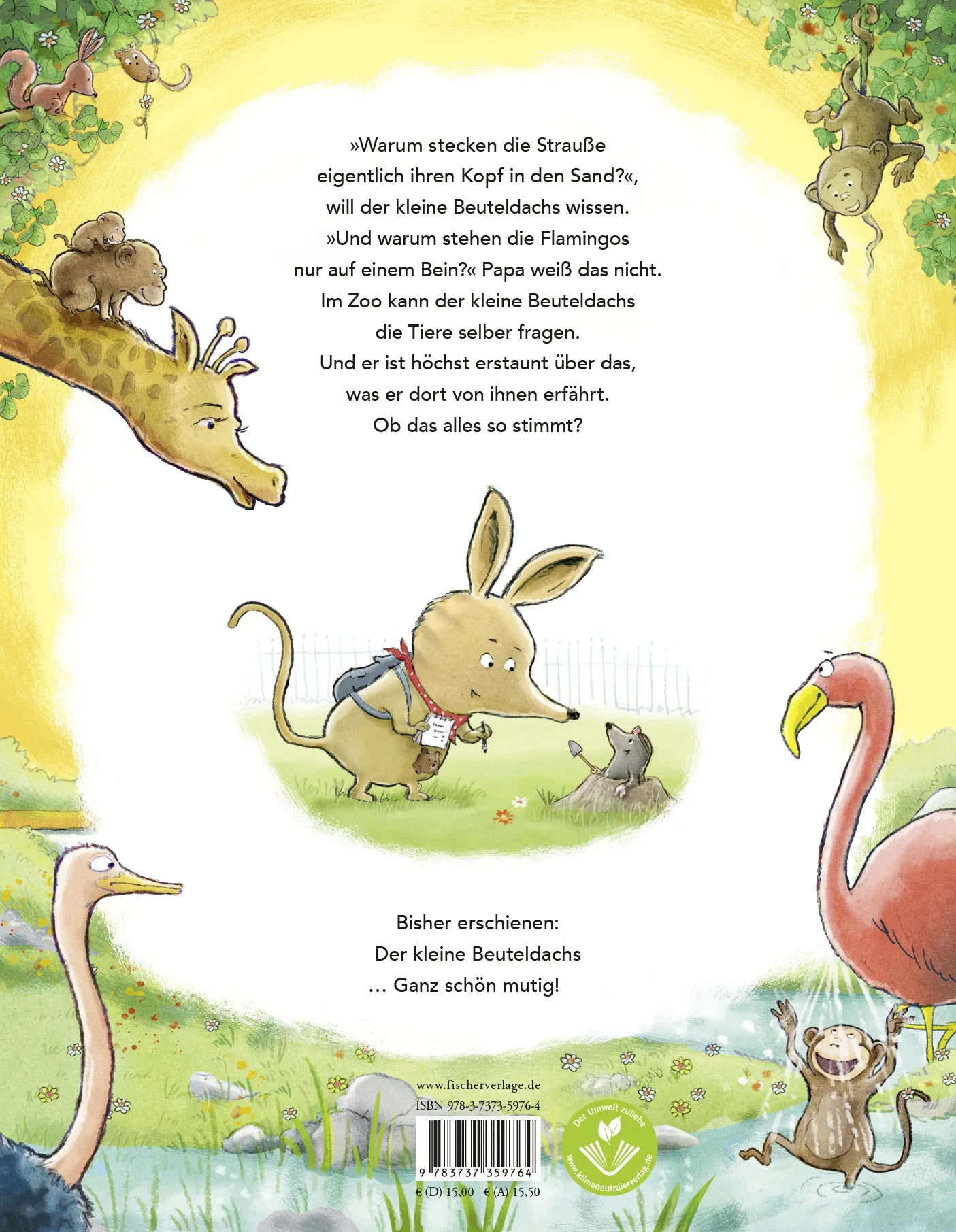 Buchrückseite von 'Der kleine Beuteldachs Ganz schön neugierig' mit Klappentext - Gebundene Ausgabe