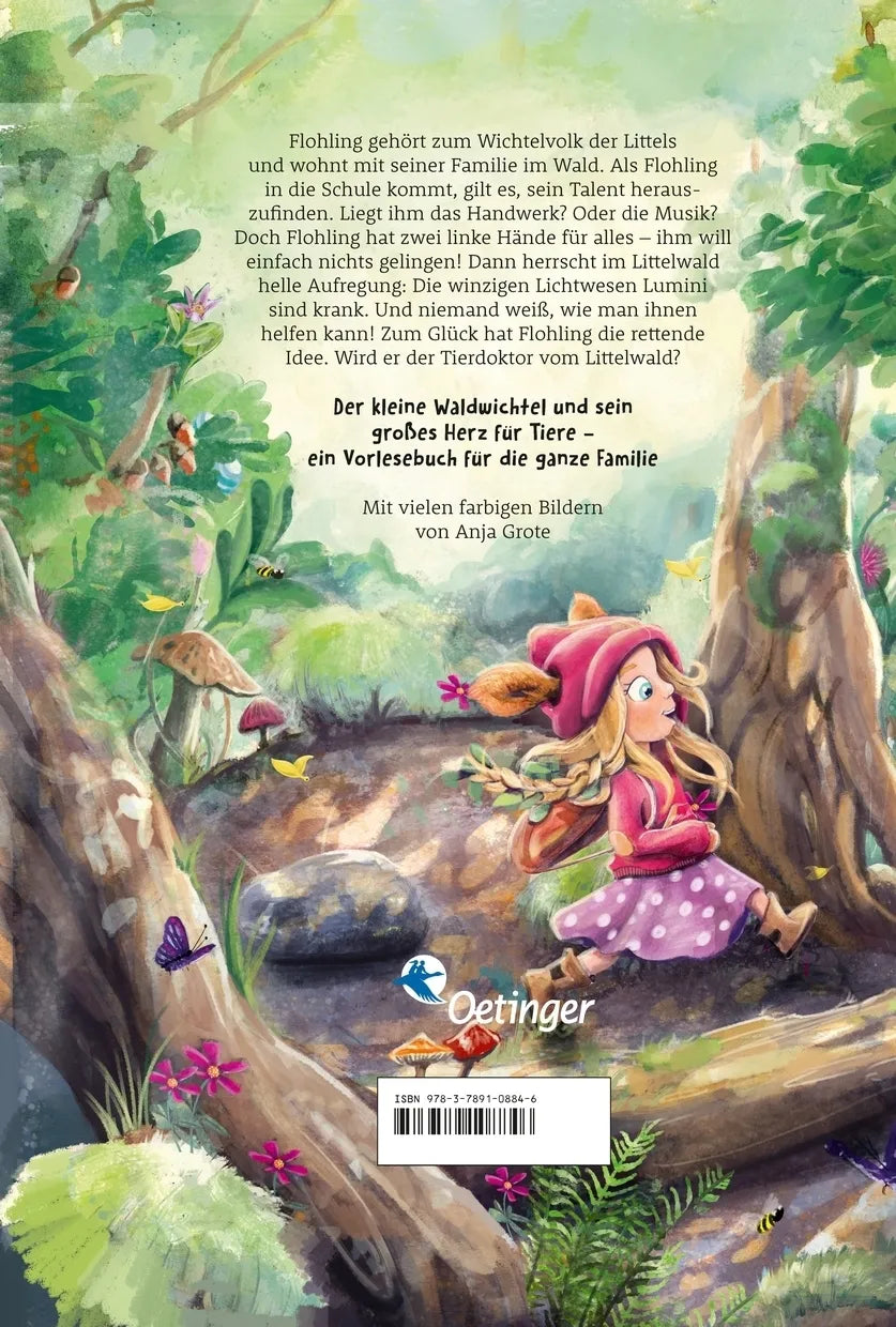 Buchrückseite von 'Der kleine Flohling 1. Abenteuer im Littelwald' mit Klappentext - Gebundene Ausgabe