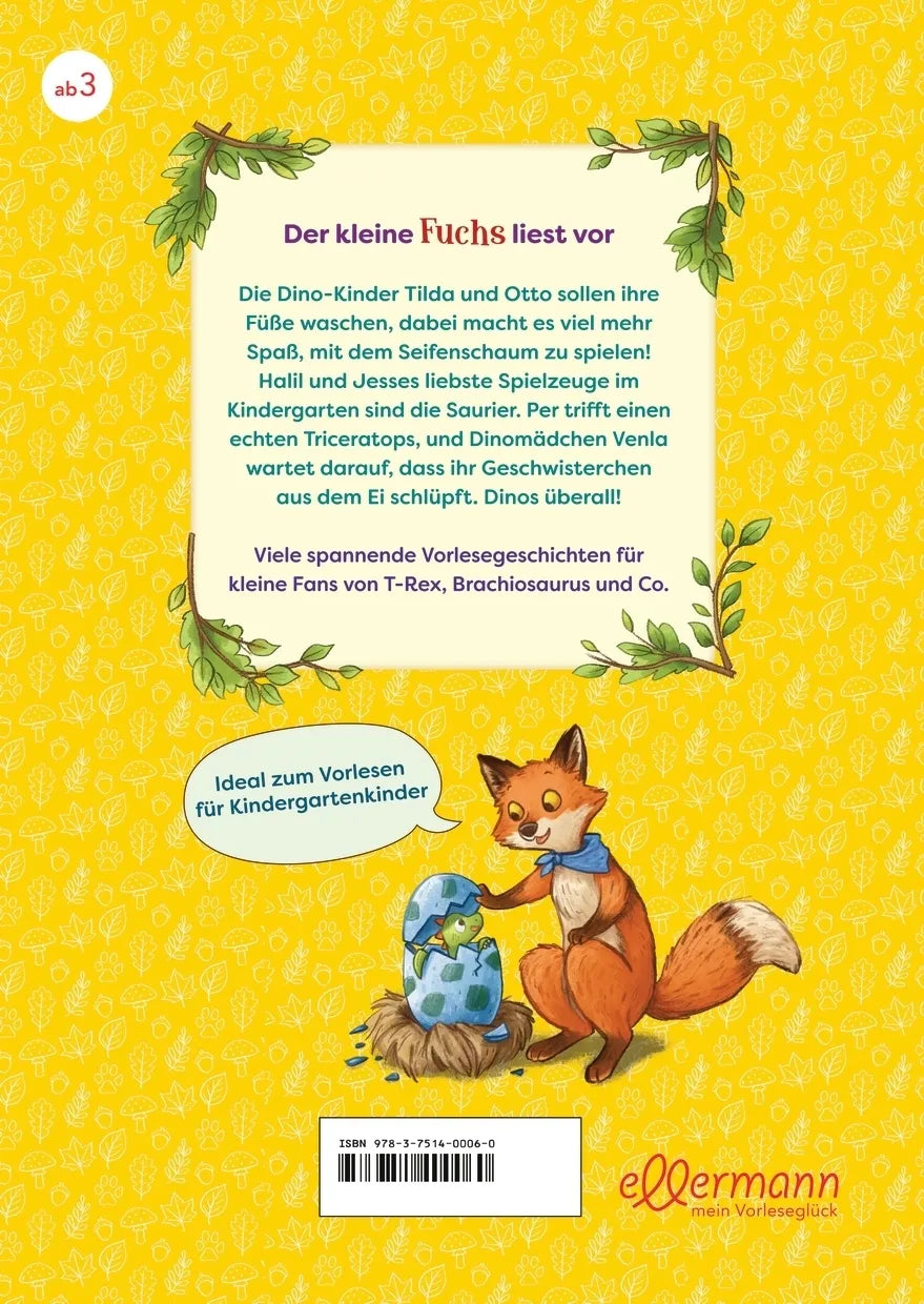 Buchrückseite von 'Der kleine Fuchs liest vor. Die Dinos sind los!' mit Klappentext - Gebundene Ausgabe