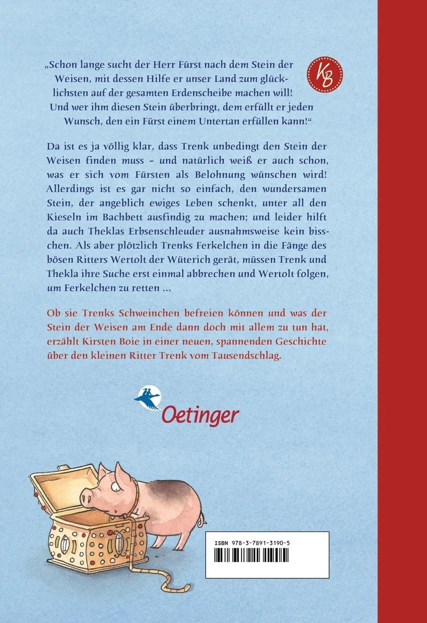 Buchrückseite von 'Der kleine Ritter Trenk und das Schwein der Weisen' mit Klappentext - Gebundene Ausgabe