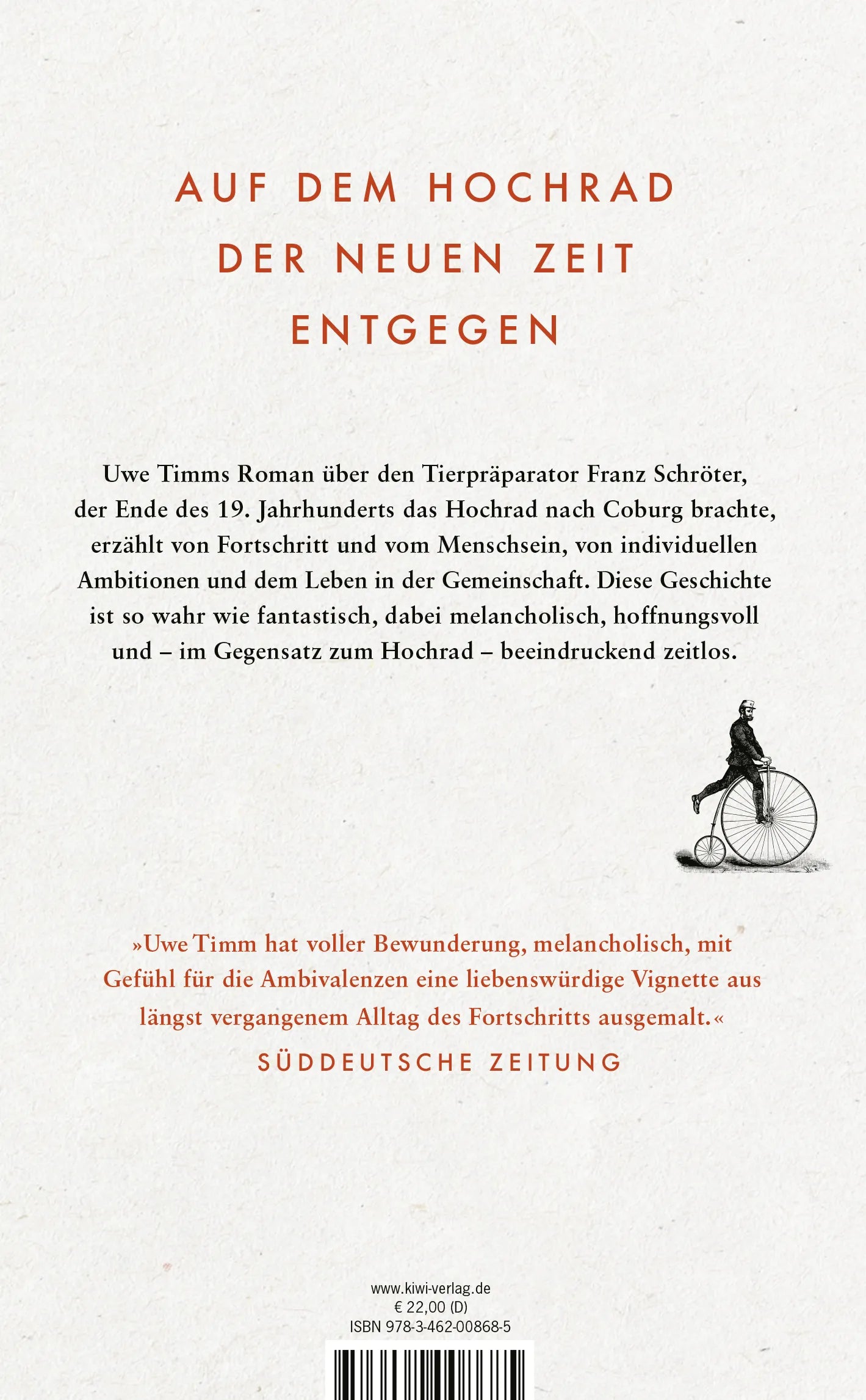 Buchrückseite von 'Der Mann auf dem Hochrad' mit Klappentext - Gebundene Ausgabe