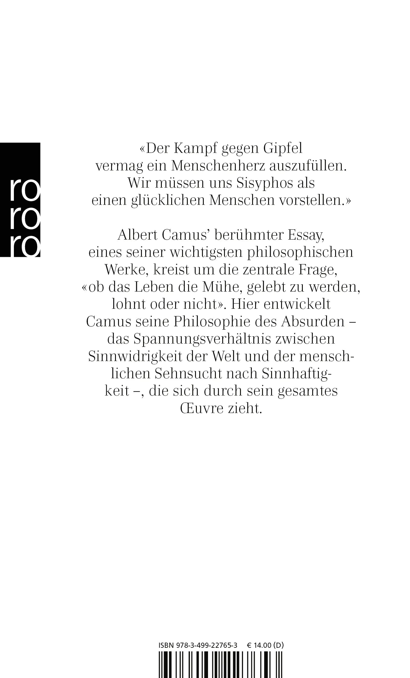 Buchrückseite von 'Der Mythos des Sisyphos' mit Klappentext - Taschenbuch