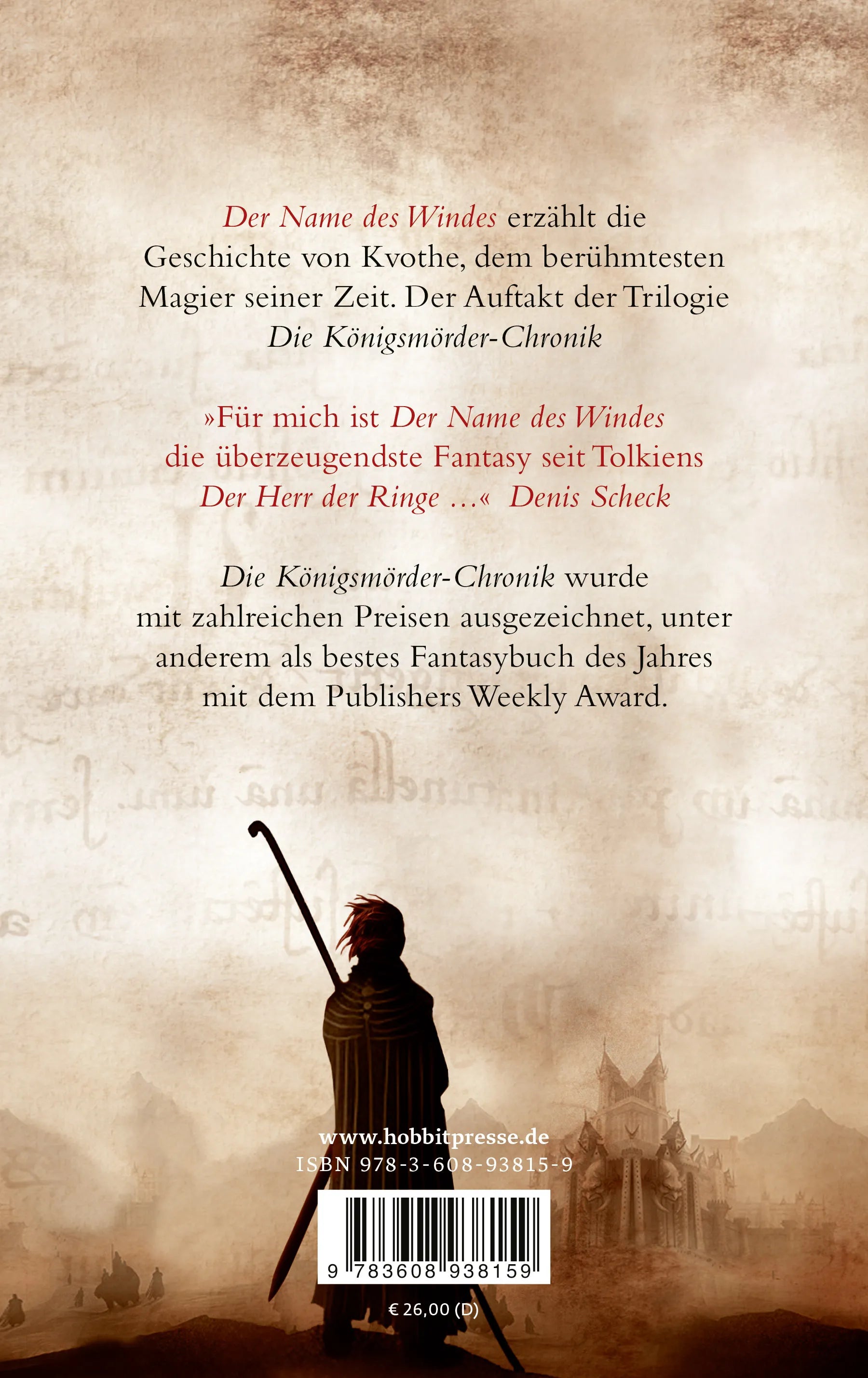 Buchrückseite von 'Der Name des Windes' mit Klappentext - Gebundene Ausgabe