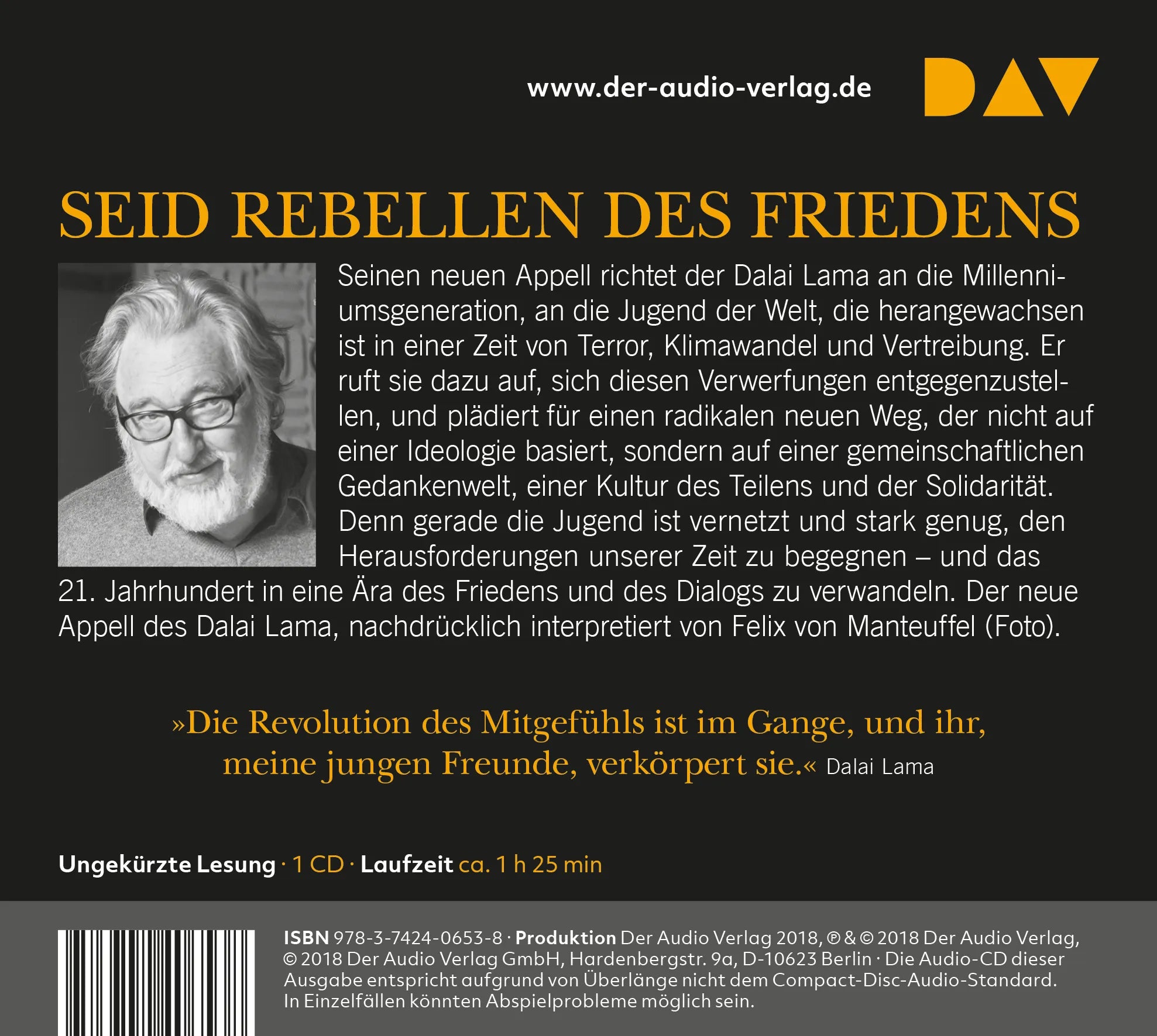Buchrückseite von 'Der neue Appell des Dalai Lama an die Welt. Seid Rebellen des Friedens' mit Klappentext - Hörbuch (CD)