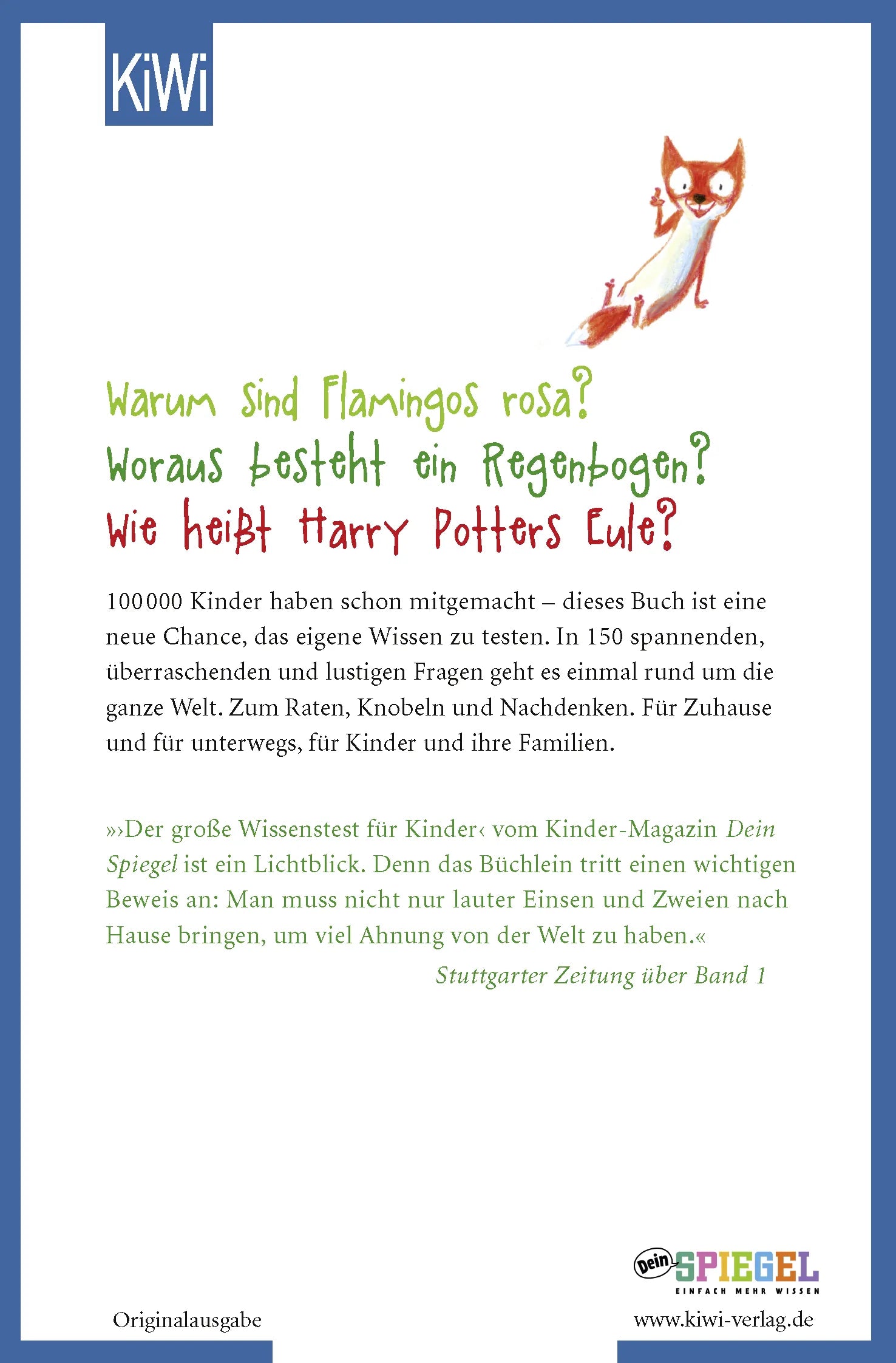 Buchrückseite von 'Der neue große Wissenstest für Kinder' mit Klappentext - Taschenbuch
