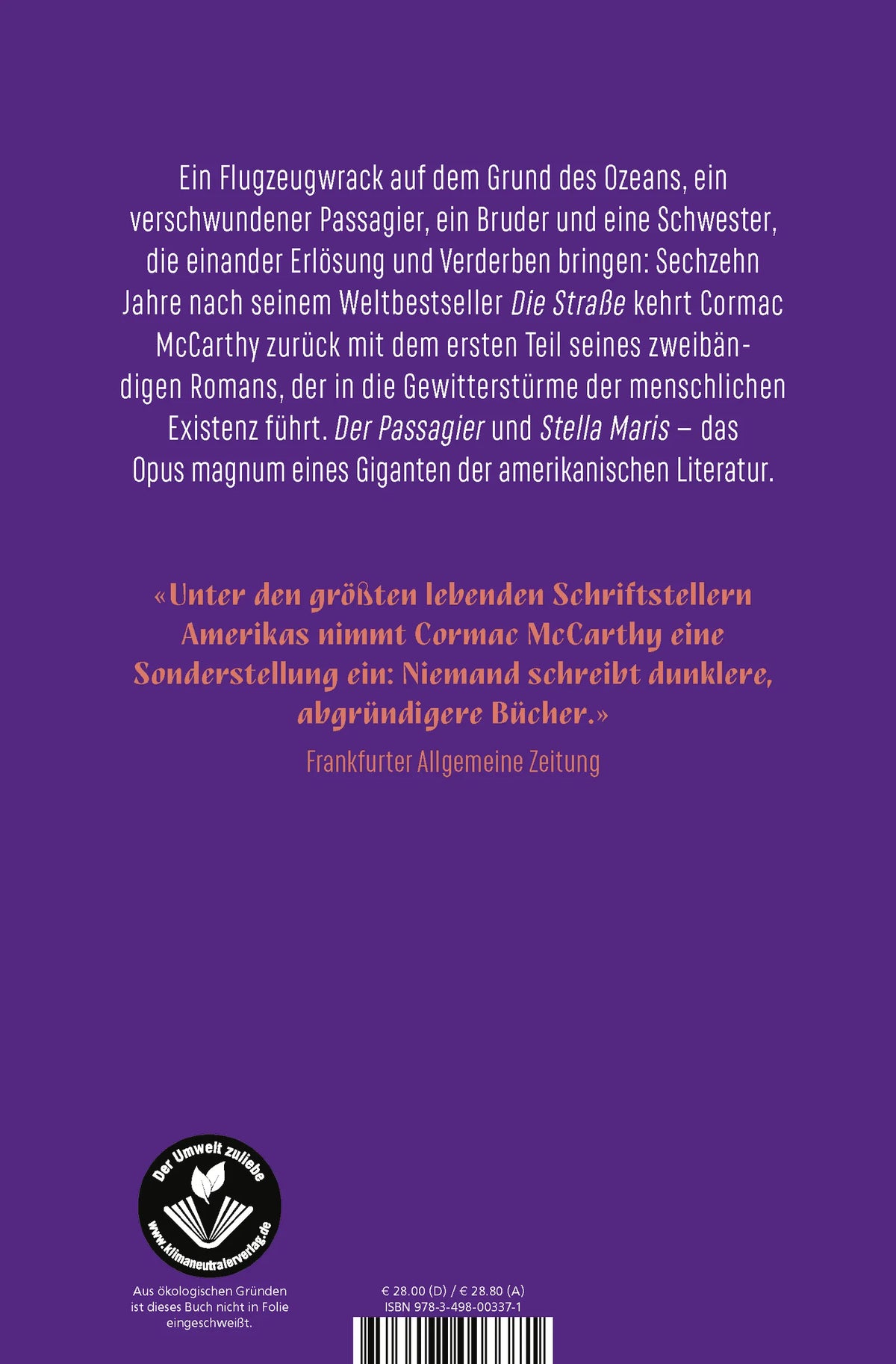Buchrückseite von 'Der Passagier' mit Klappentext - Gebundene Ausgabe