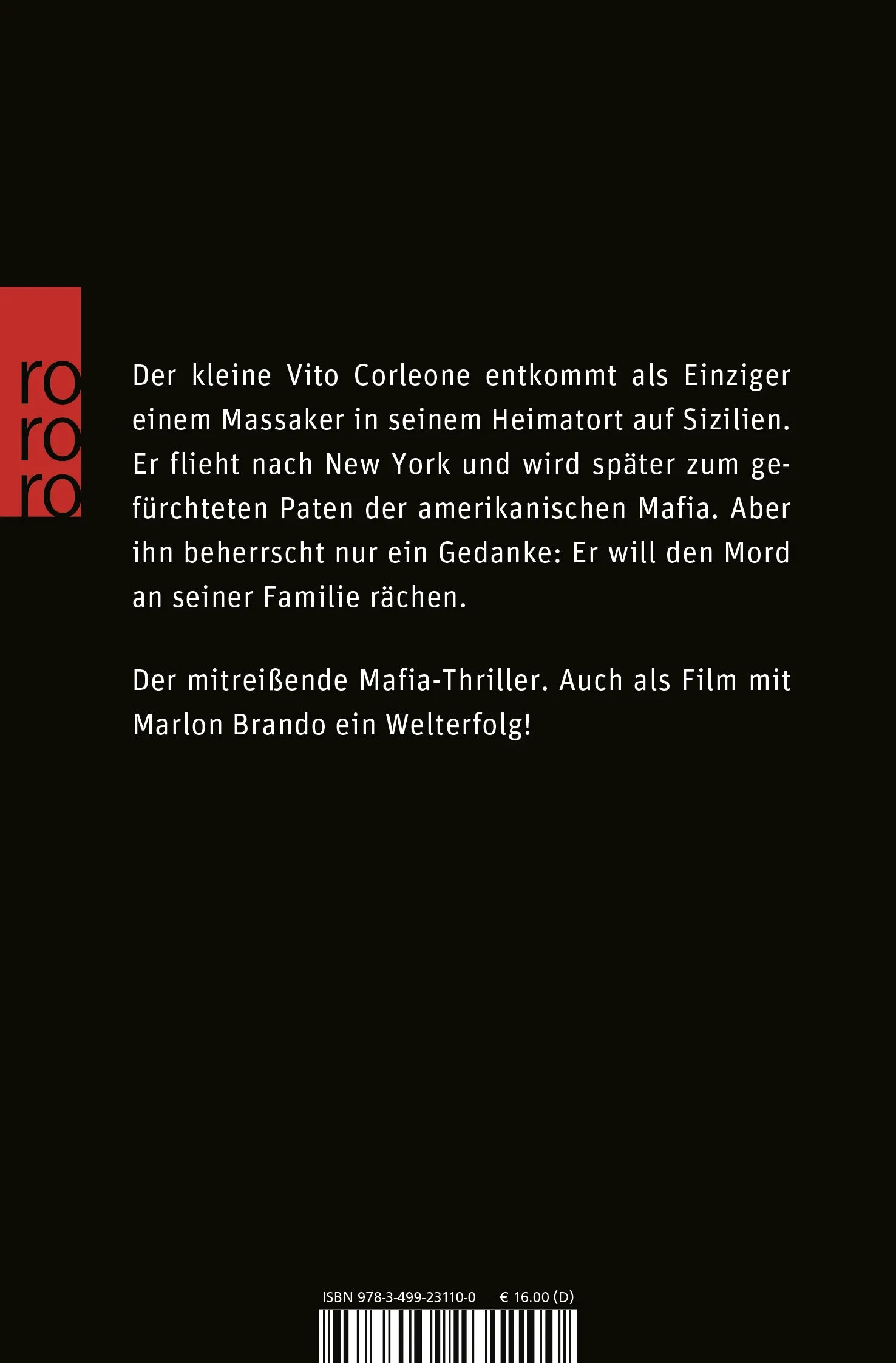 Buchrückseite von 'Der Pate' mit Klappentext - Taschenbuch