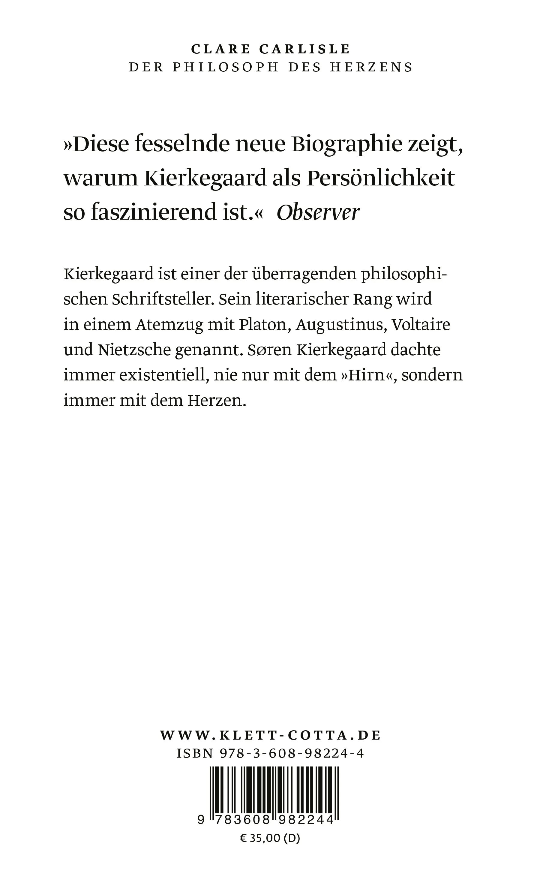 Buchrückseite von 'Der Philosoph des Herzens' mit Klappentext - Gebundene Ausgabe