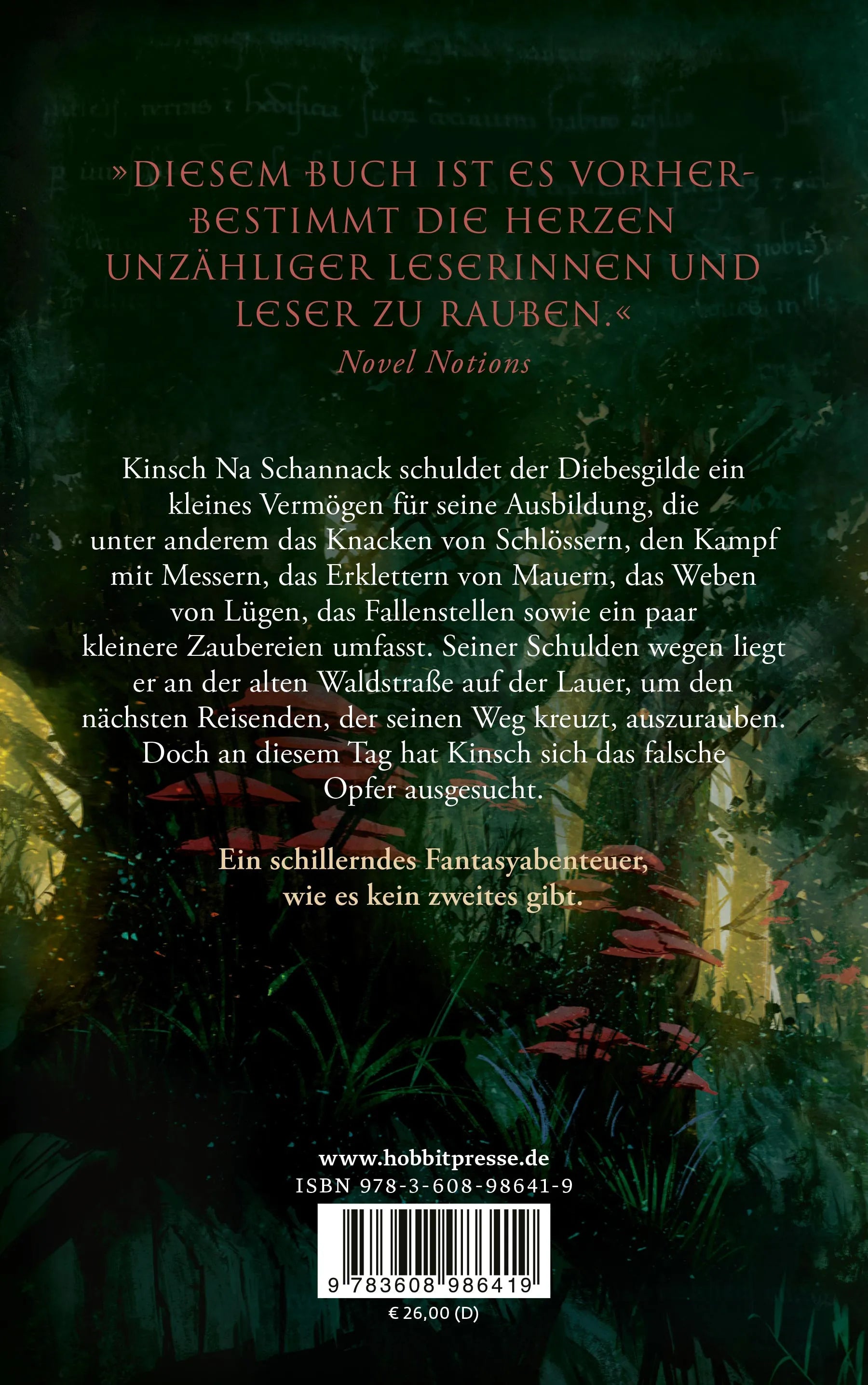 Buchrückseite von 'Der schwarzzüngige Dieb' mit Klappentext - Gebundene Ausgabe