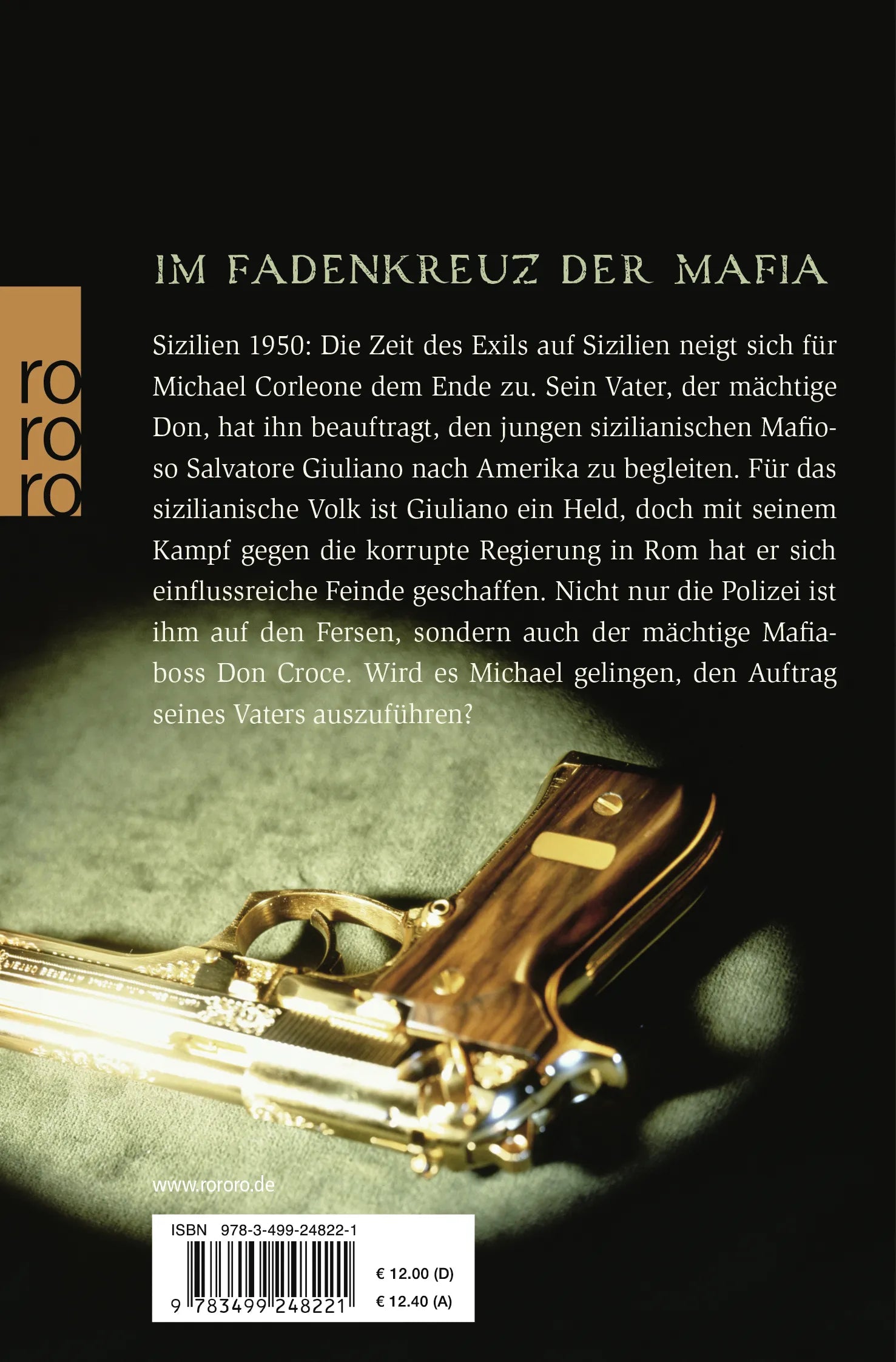 Buchrückseite von 'Der Sizilianer' mit Klappentext - Taschenbuch