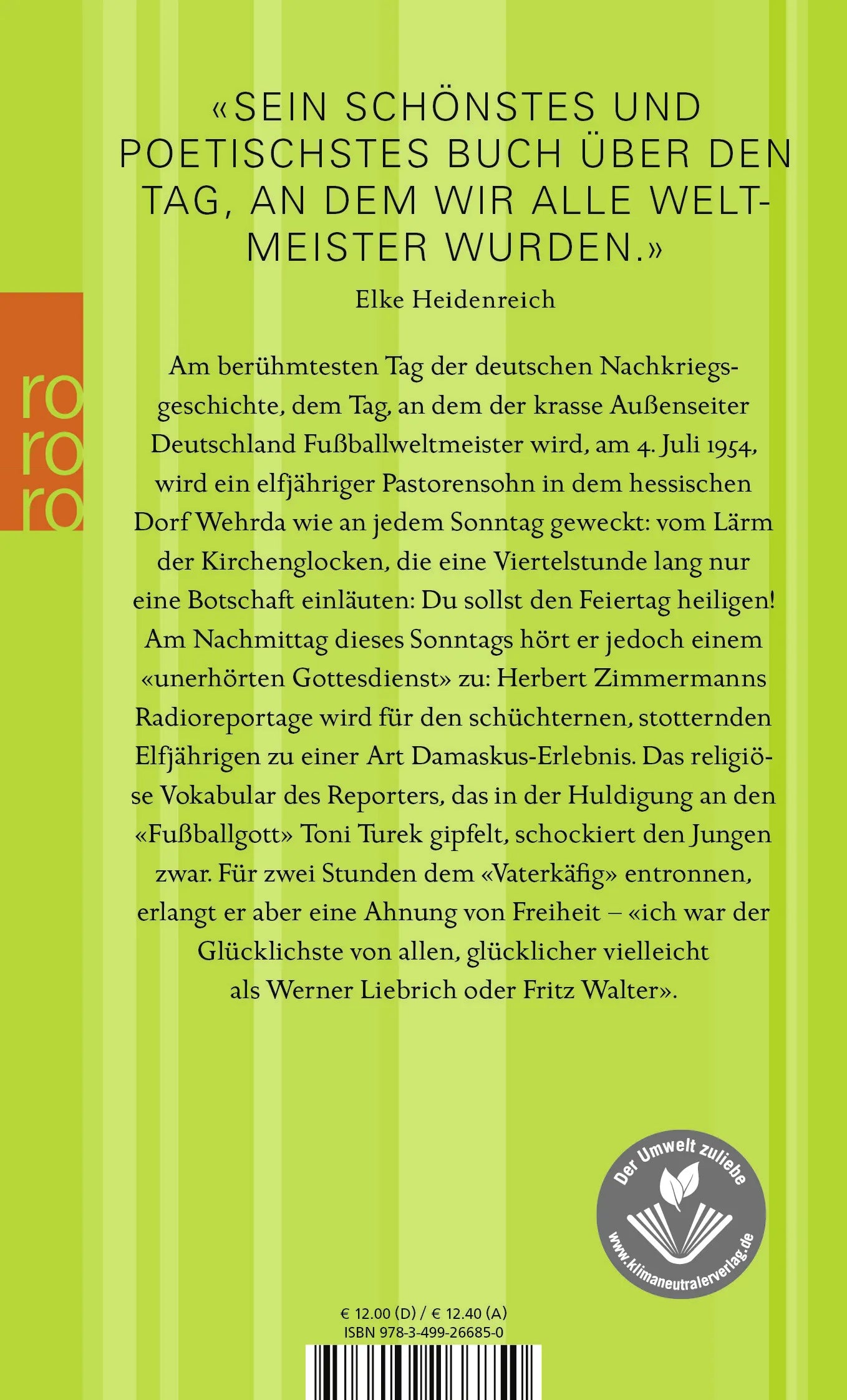 Buchrückseite von 'Der Sonntag, an dem ich Weltmeister wurde' mit Klappentext - Taschenbuch