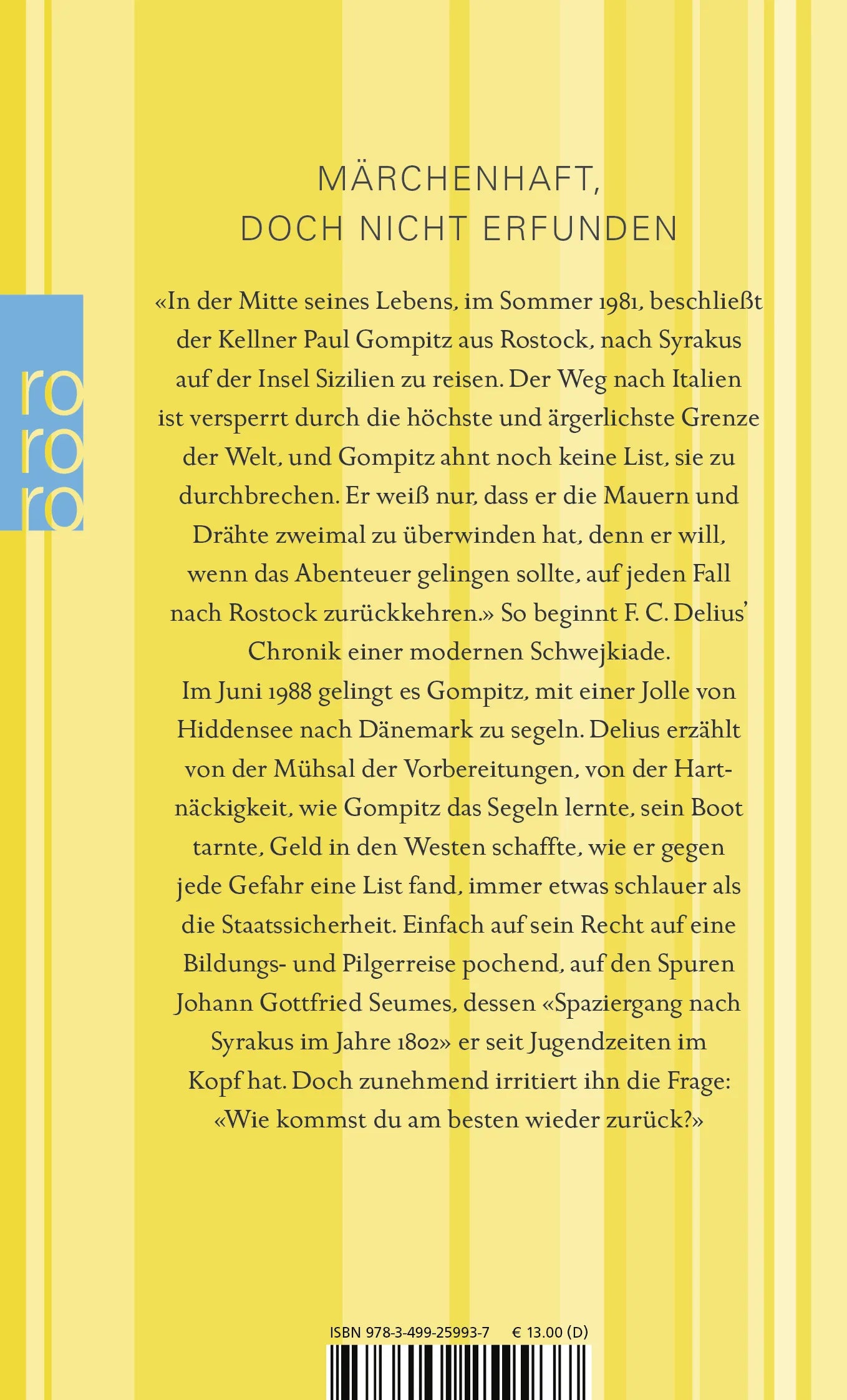Buchrückseite von 'Der Spaziergang von Rostock nach Syrakus' mit Klappentext - Taschenbuch