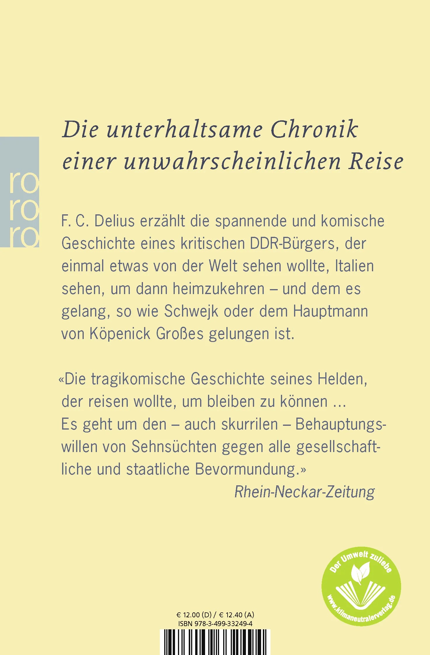 Buchrückseite von 'Der Spaziergang von Rostock nach Syrakus' mit Klappentext - Taschenbuch