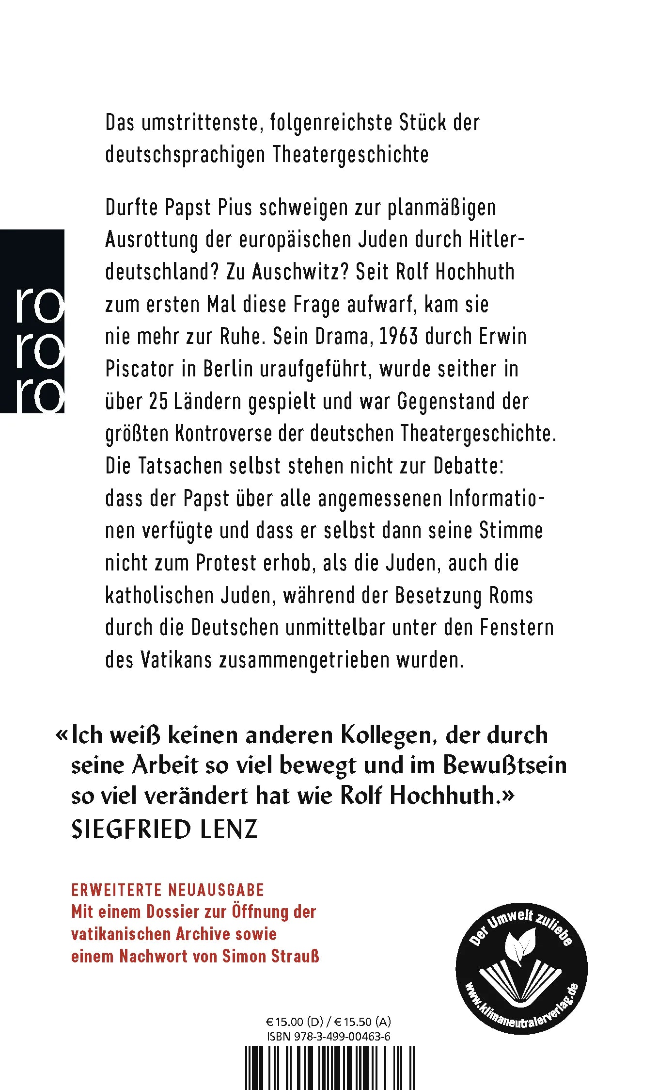 Buchrückseite von 'Der Stellvertreter' mit Klappentext - Taschenbuch