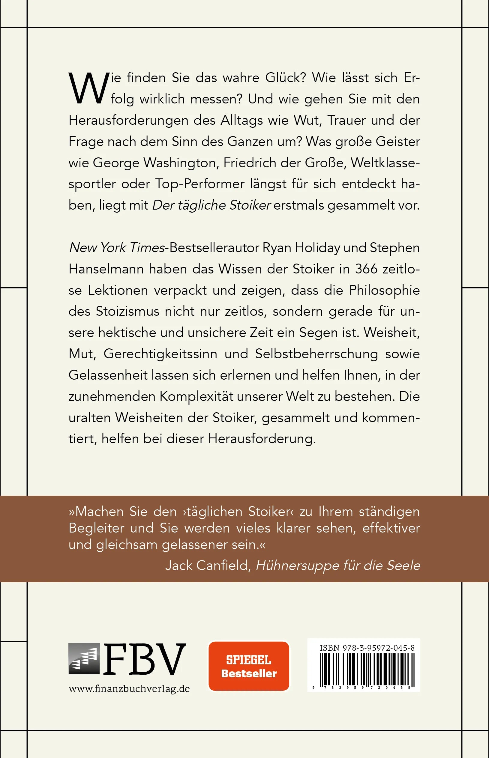 Buchrückseite von 'Der tägliche Stoiker' mit Klappentext - Gebundene Ausgabe