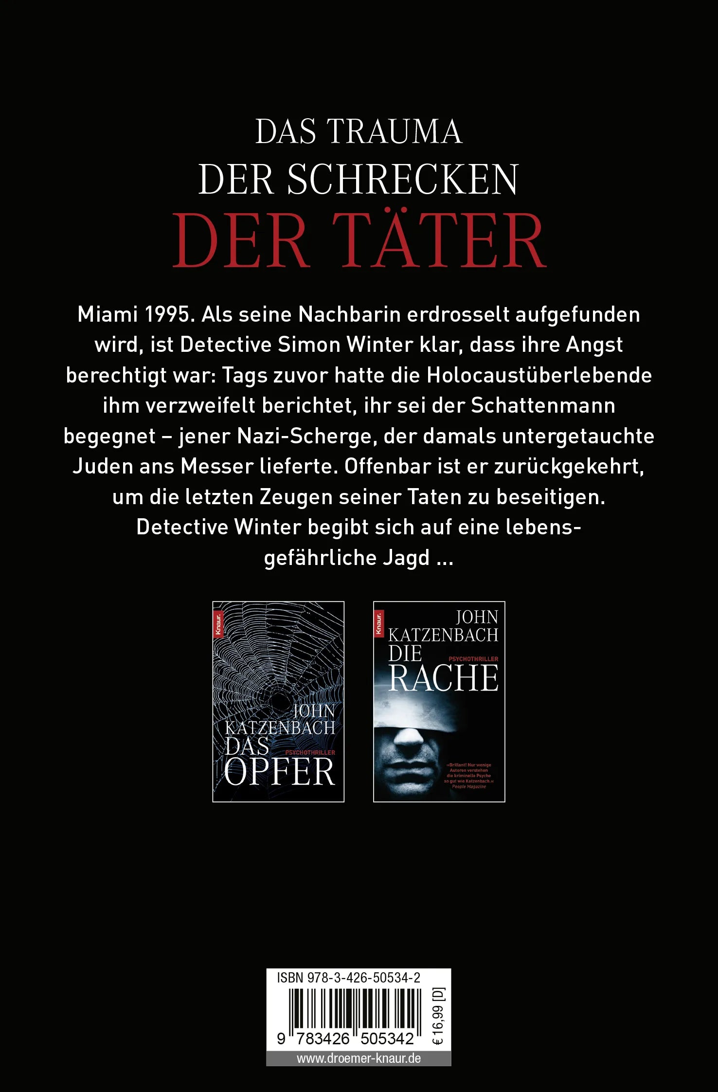 Buchrückseite von 'Der Täter' mit Klappentext - Taschenbuch
