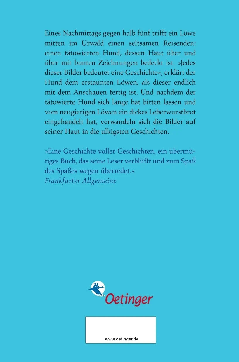 Buchrückseite von 'Der tätowierte Hund' mit Klappentext - Gebundene Ausgabe