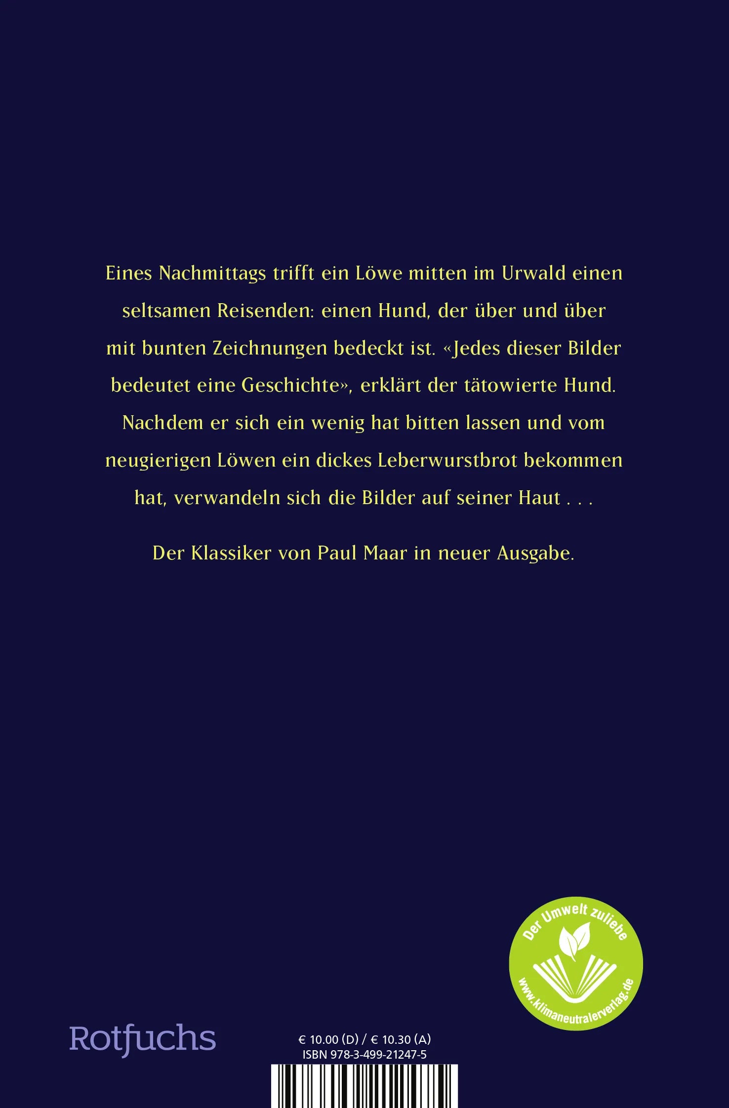 Buchrückseite von 'Der tätowierte Hund' mit Klappentext - Taschenbuch