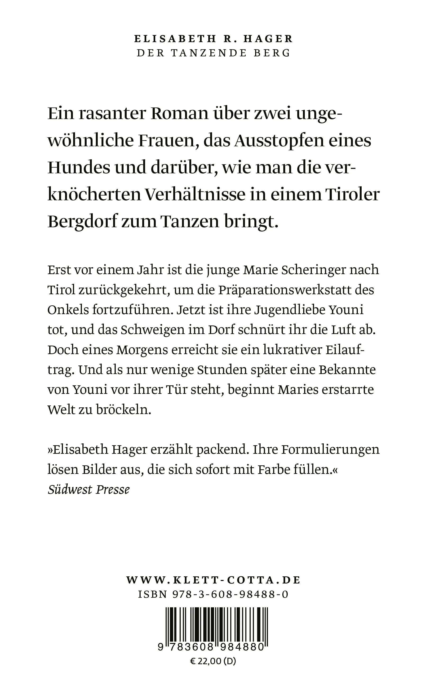 Buchrückseite von 'Der tanzende Berg' mit Klappentext - Gebundene Ausgabe