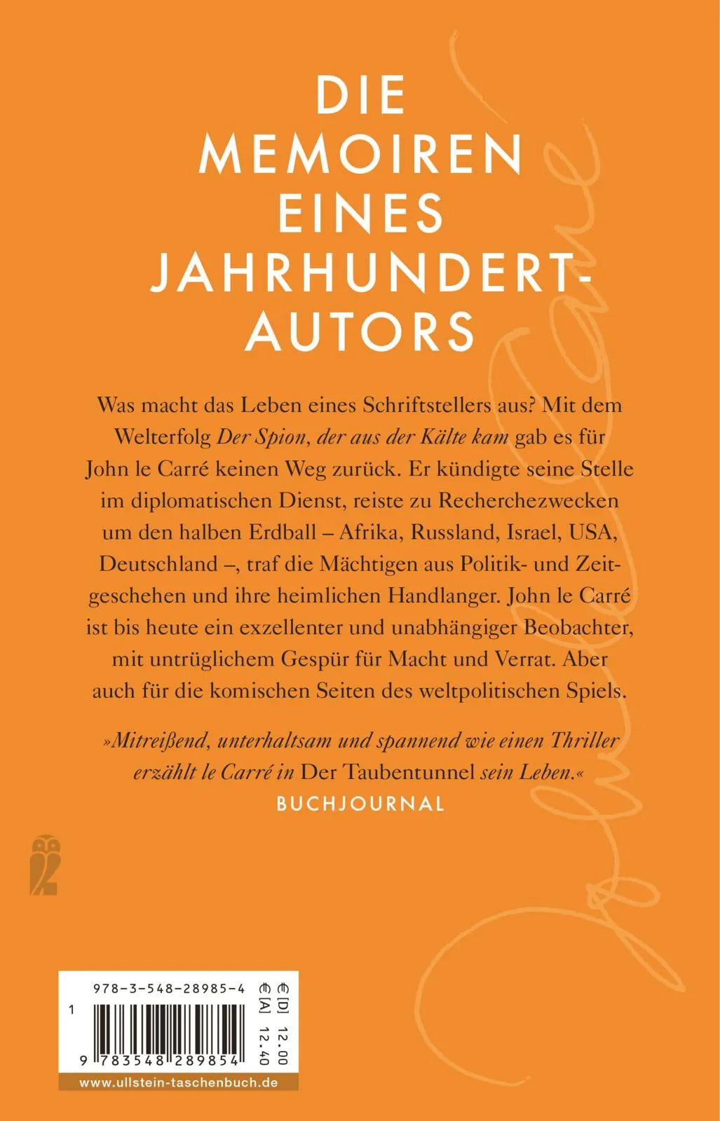 Buchrückseite von 'Der Taubentunnel' mit Klappentext - Taschenbuch