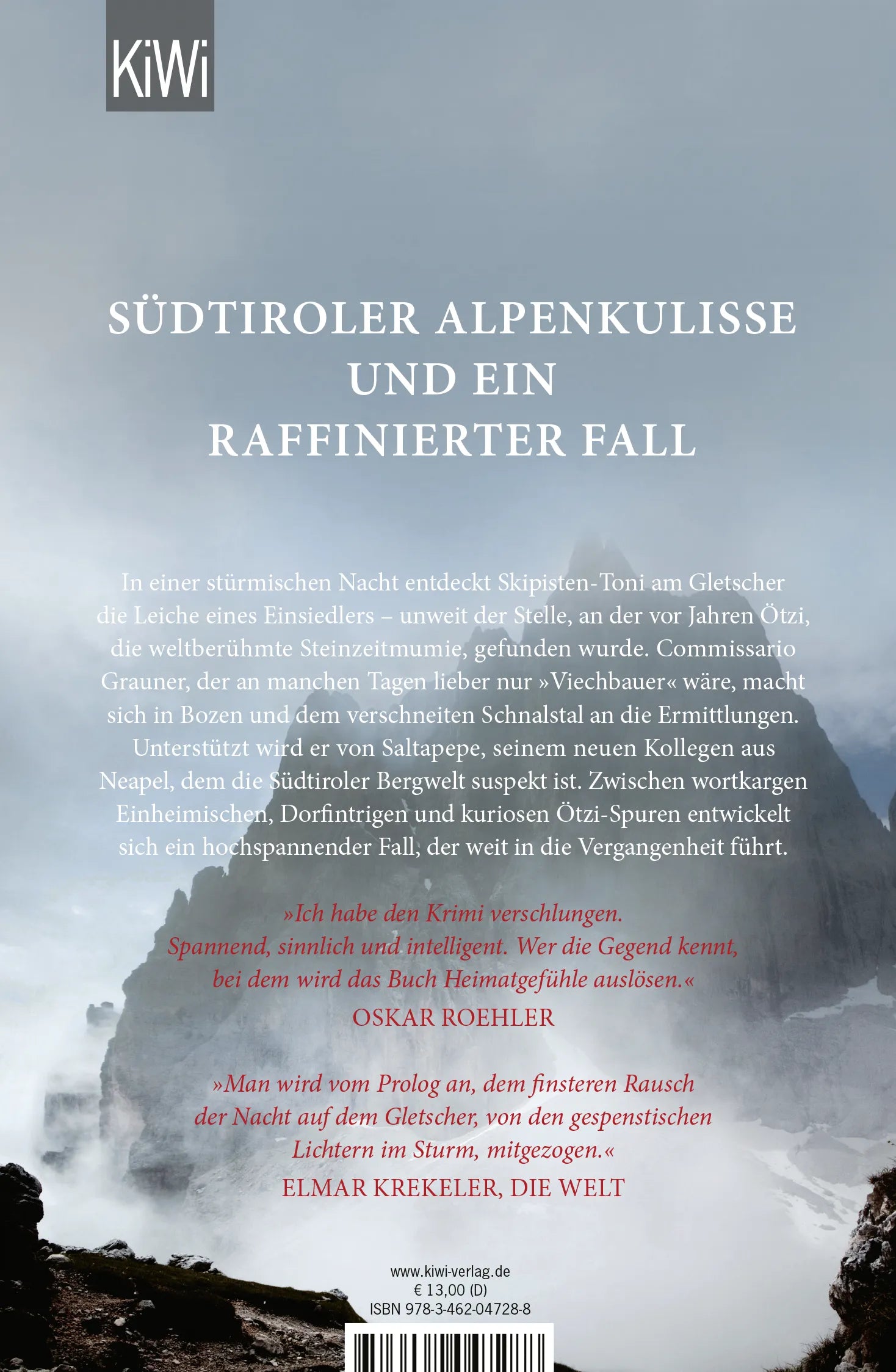 Buchrückseite von 'Der Tote am Gletscher' mit Klappentext - Taschenbuch