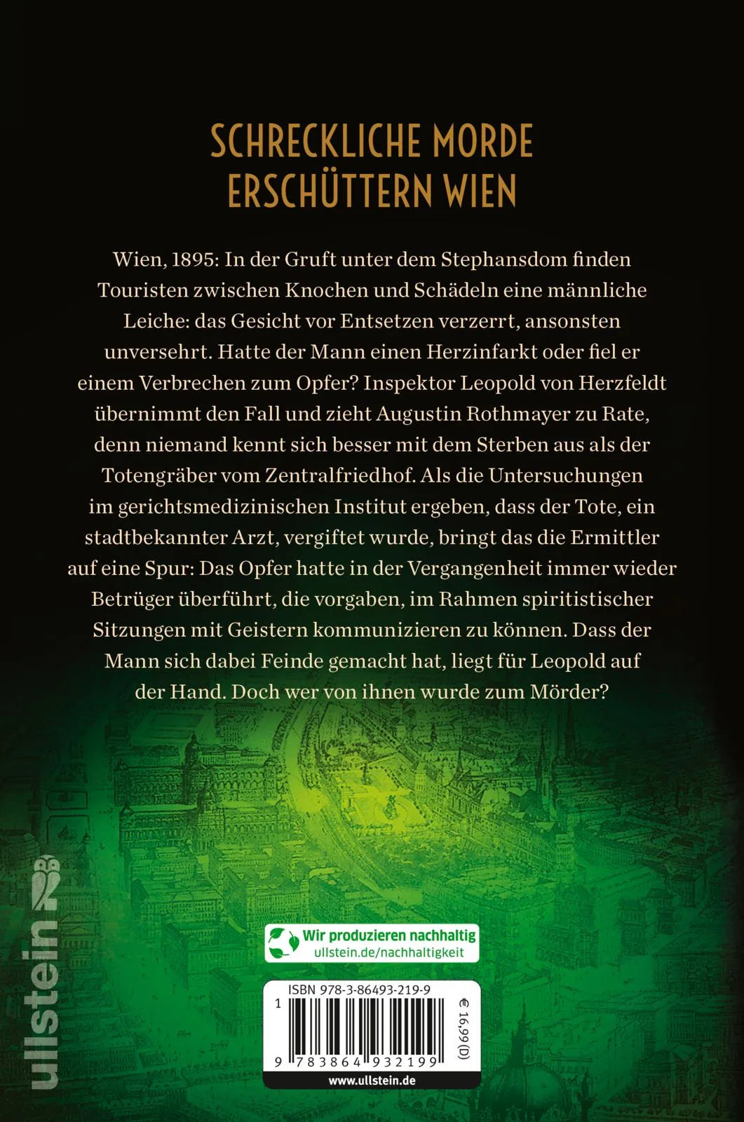 Buchrückseite von 'Der Totengräber und der Mord in der Krypta' mit Klappentext - Paperback