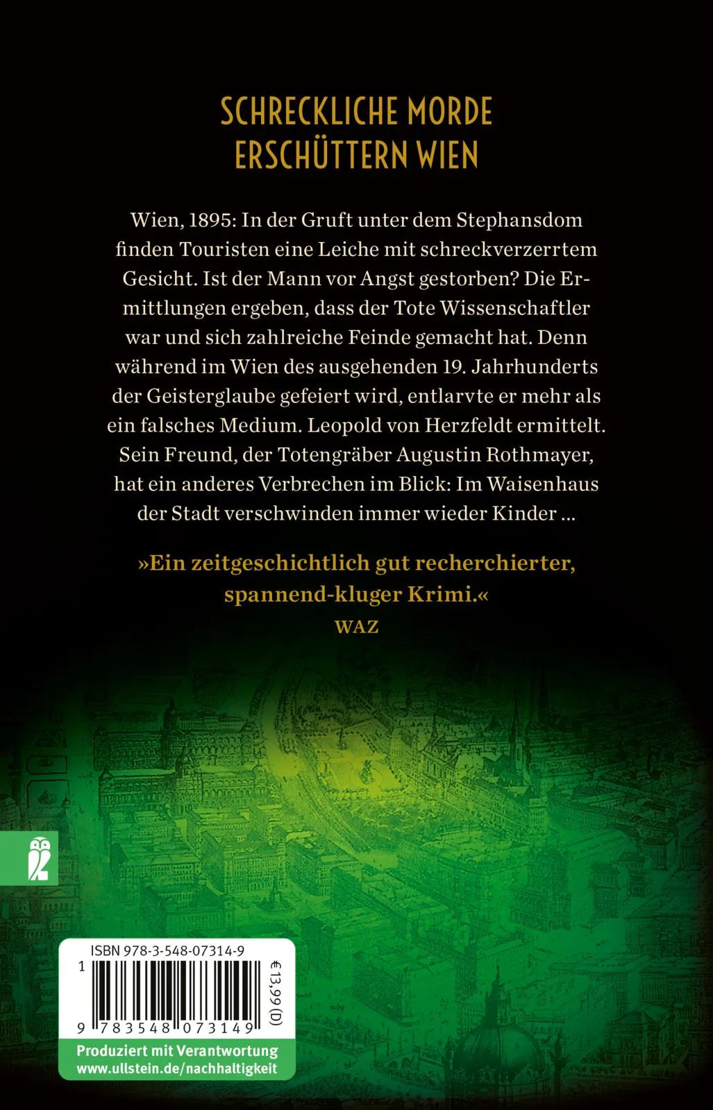 Buchrückseite von 'Der Totengräber und der Mord in der Krypta' mit Klappentext - Taschenbuch
