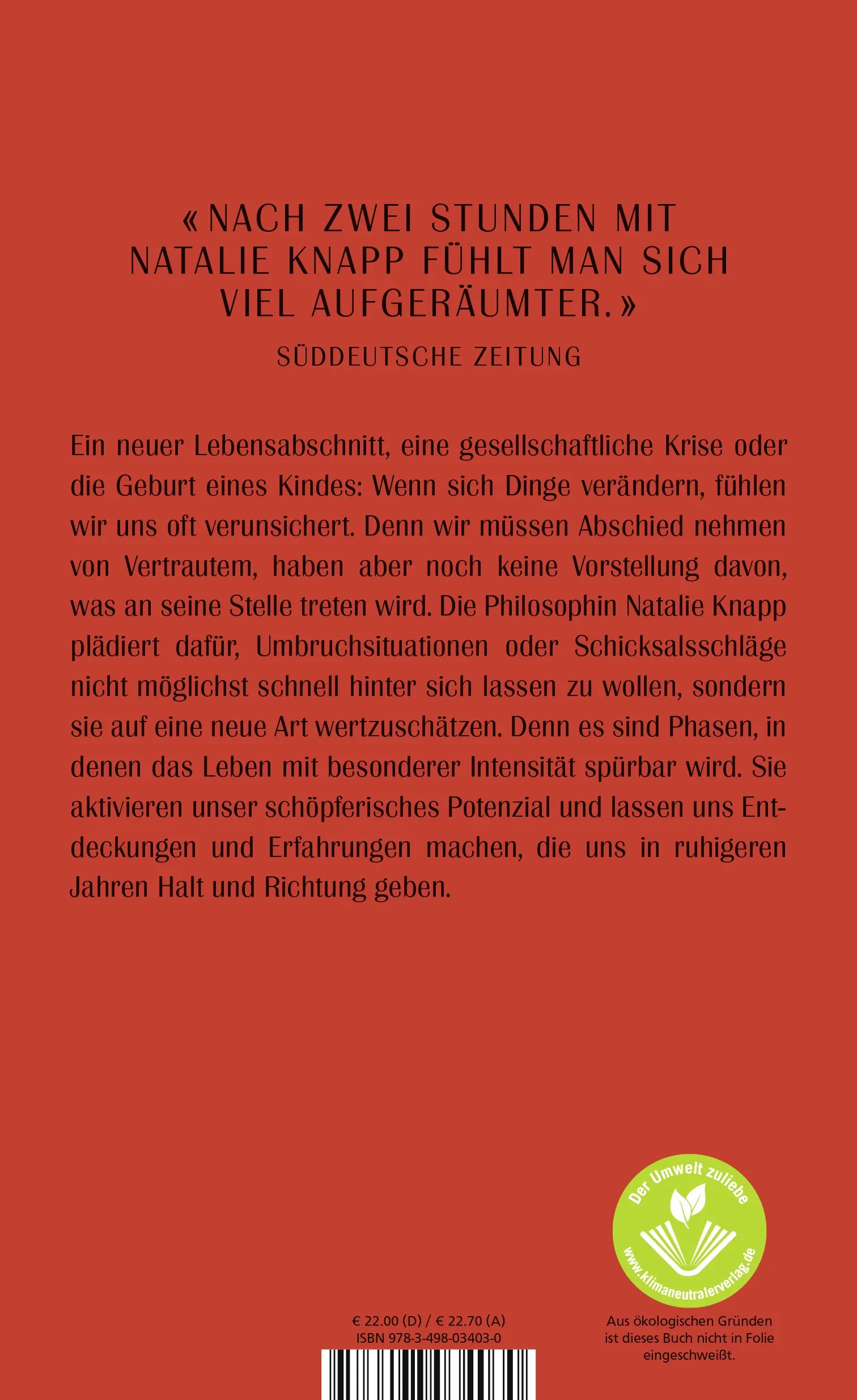 Buchrückseite von 'Der unendliche Augenblick' mit Klappentext - Gebundene Ausgabe