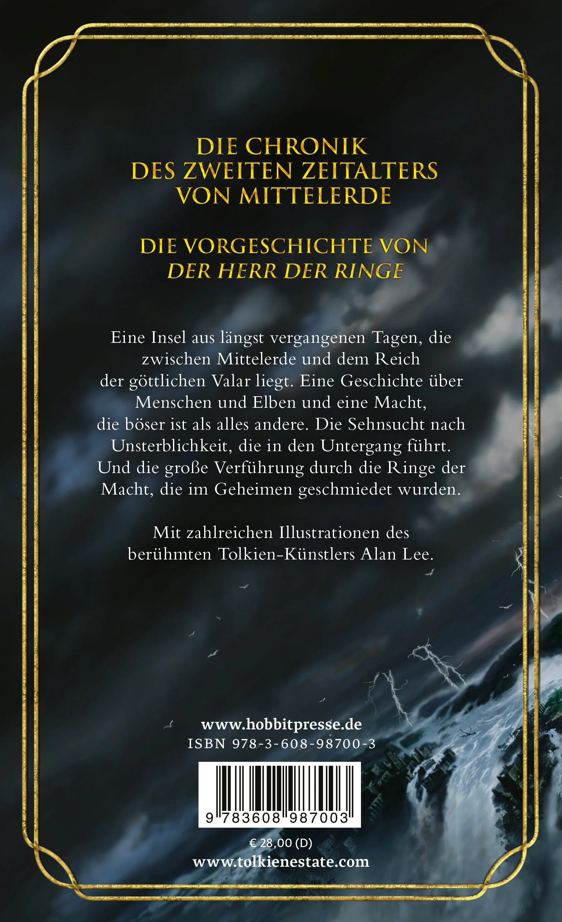 Buchrückseite von 'Der Untergang von Númenor und andere Geschichten aus dem Zweiten Zeitalter von Mittelerde' mit Klappentext - Gebundene Ausgabe
